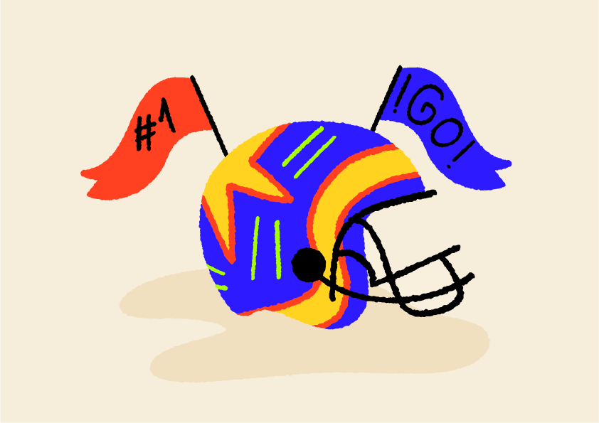 A blue and yellow football helmet with flags.