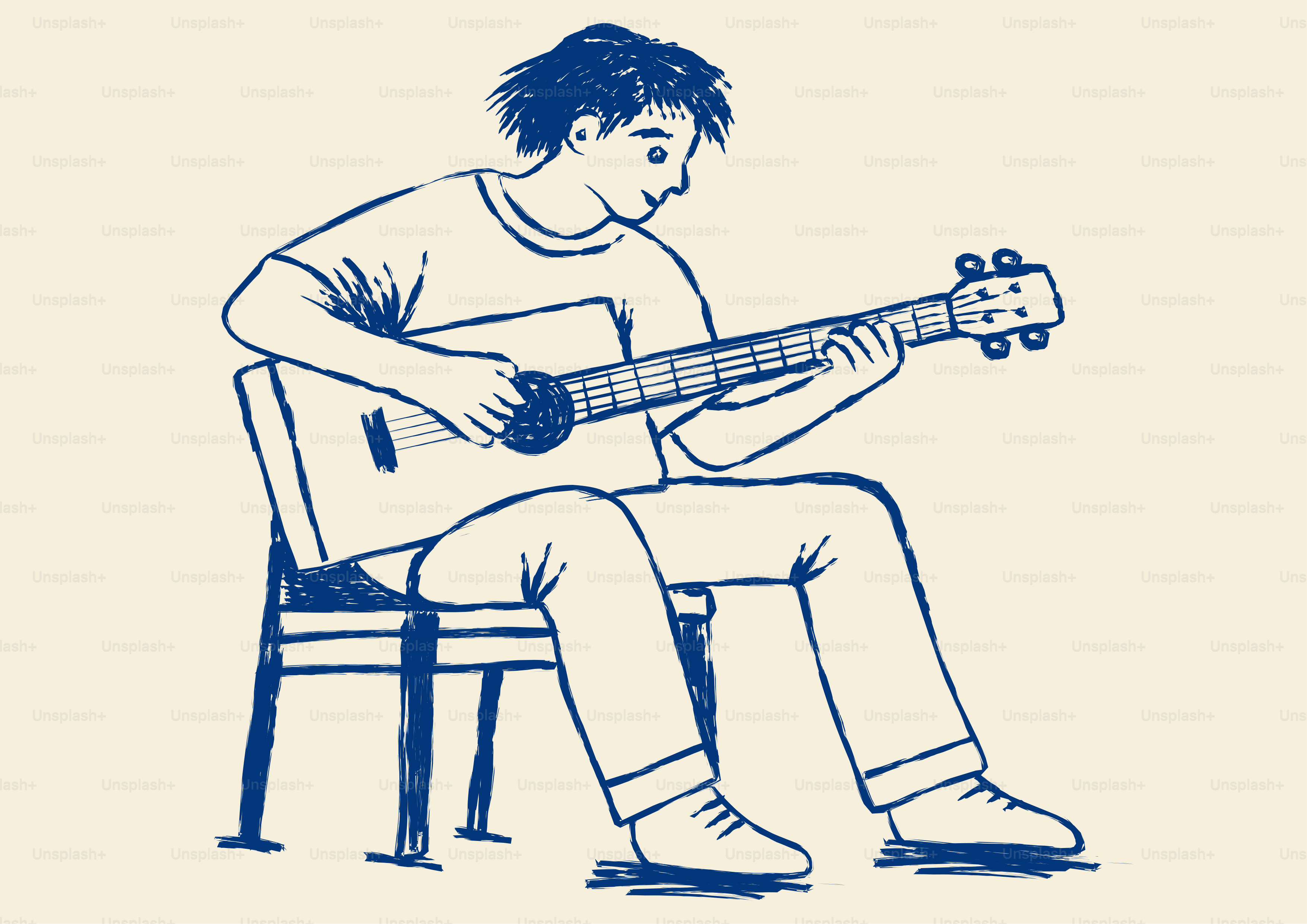 Young person sitting and playing an acoustic guitar.