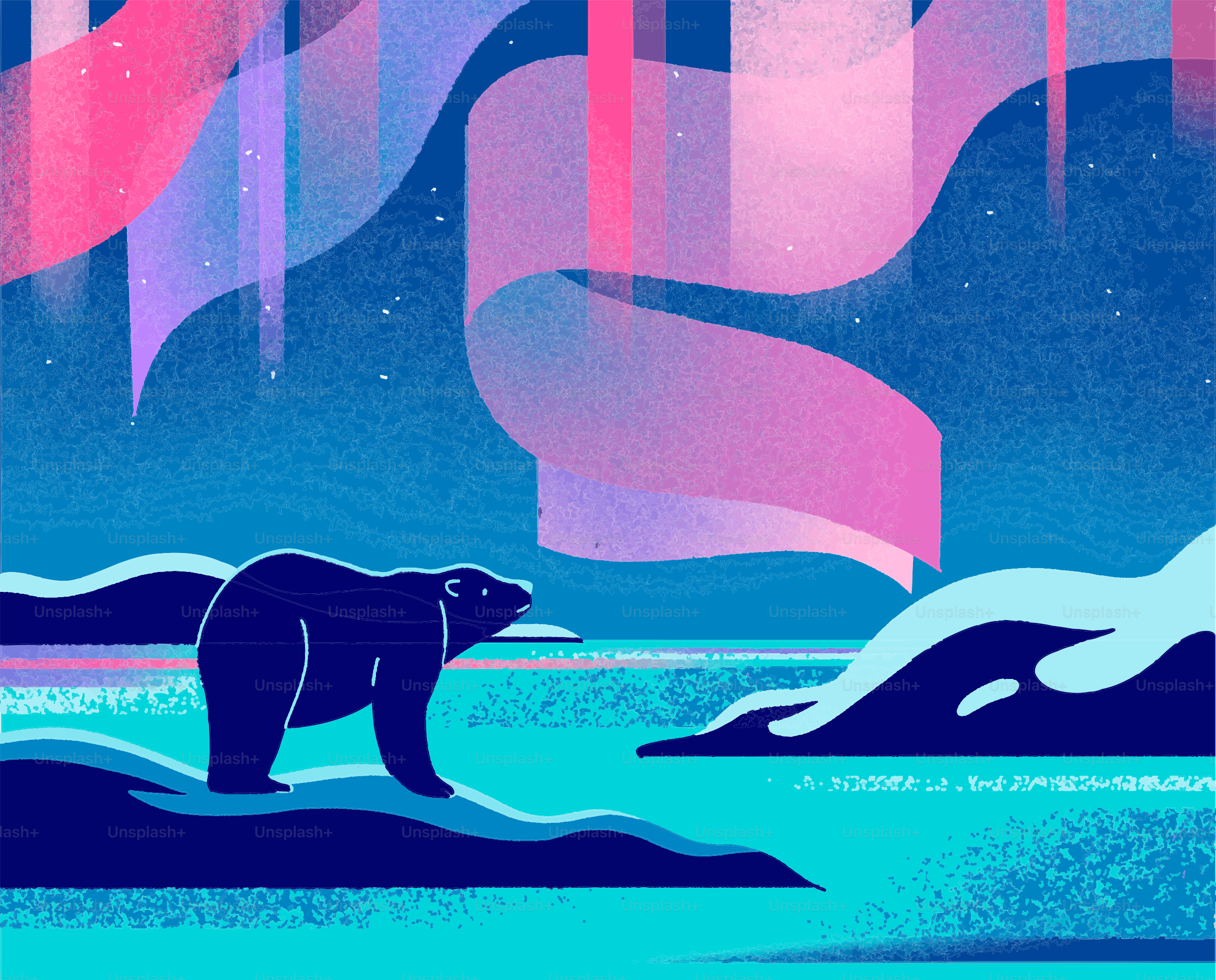 A polar bear stands on ice under the aurora borealis.