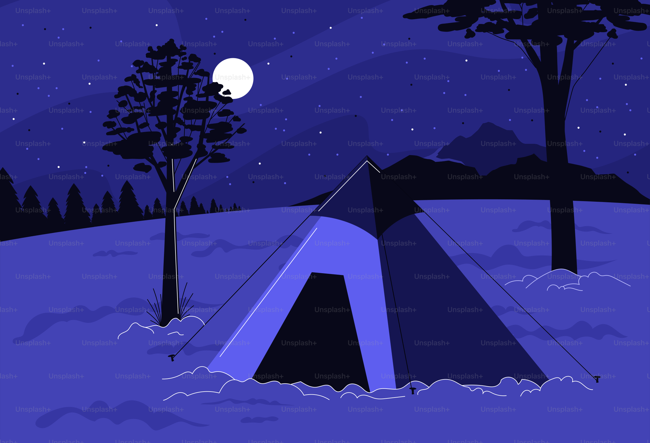 星空の下に設営されたテント。