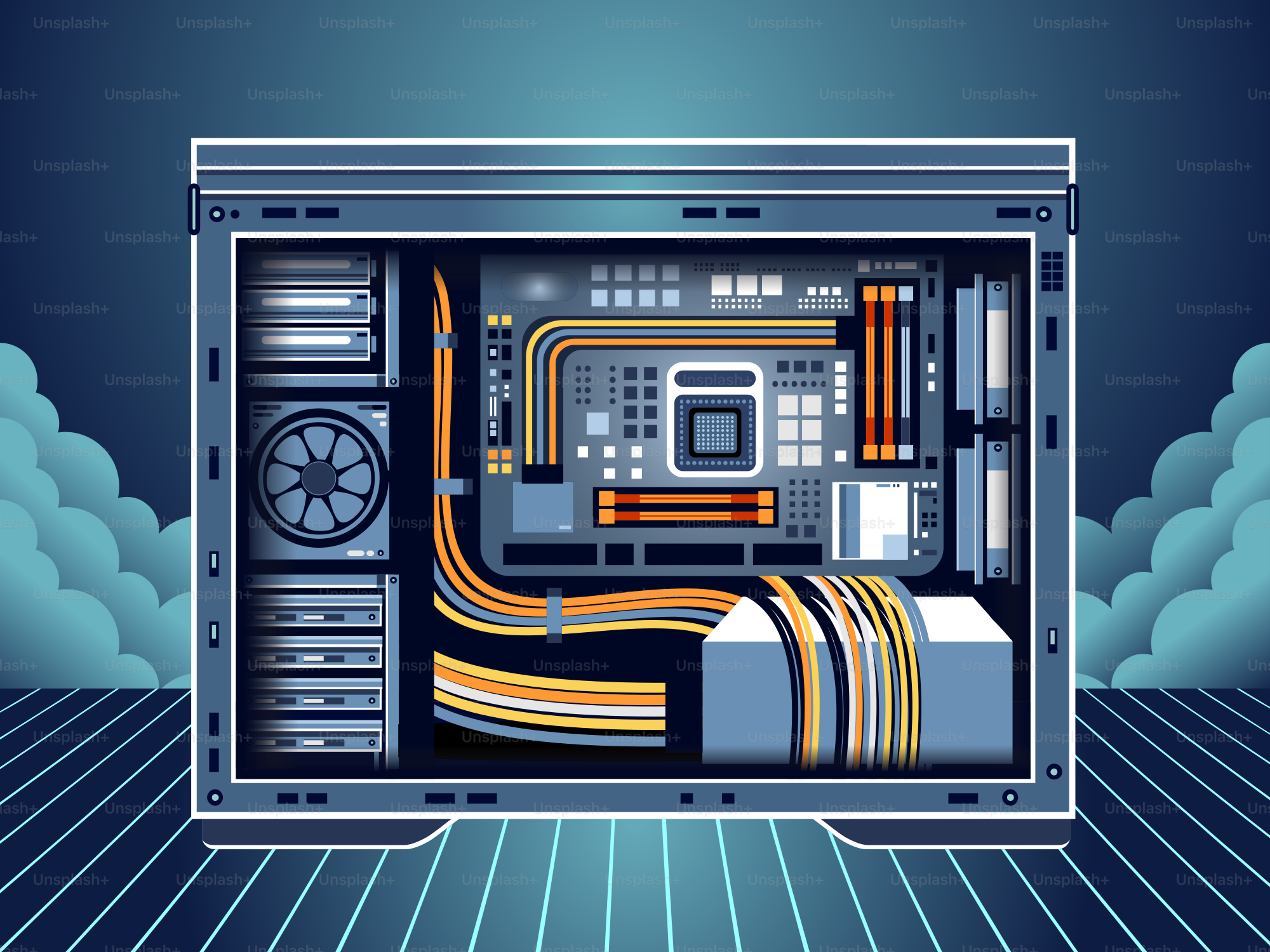 Inside view of a computer tower with visible components