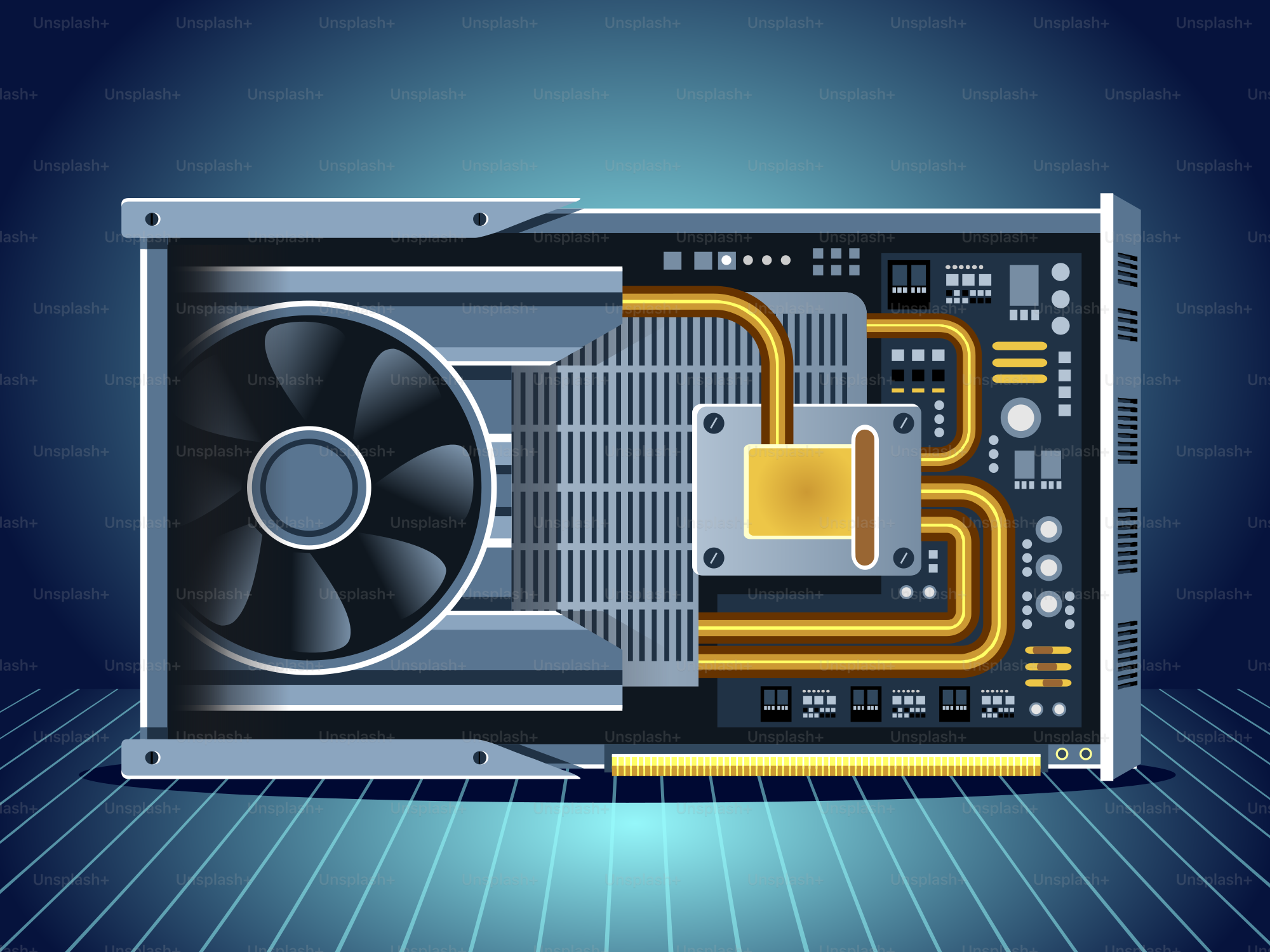 Close-up de uma placa de vídeo de computador com ventilador e dissipador de calor