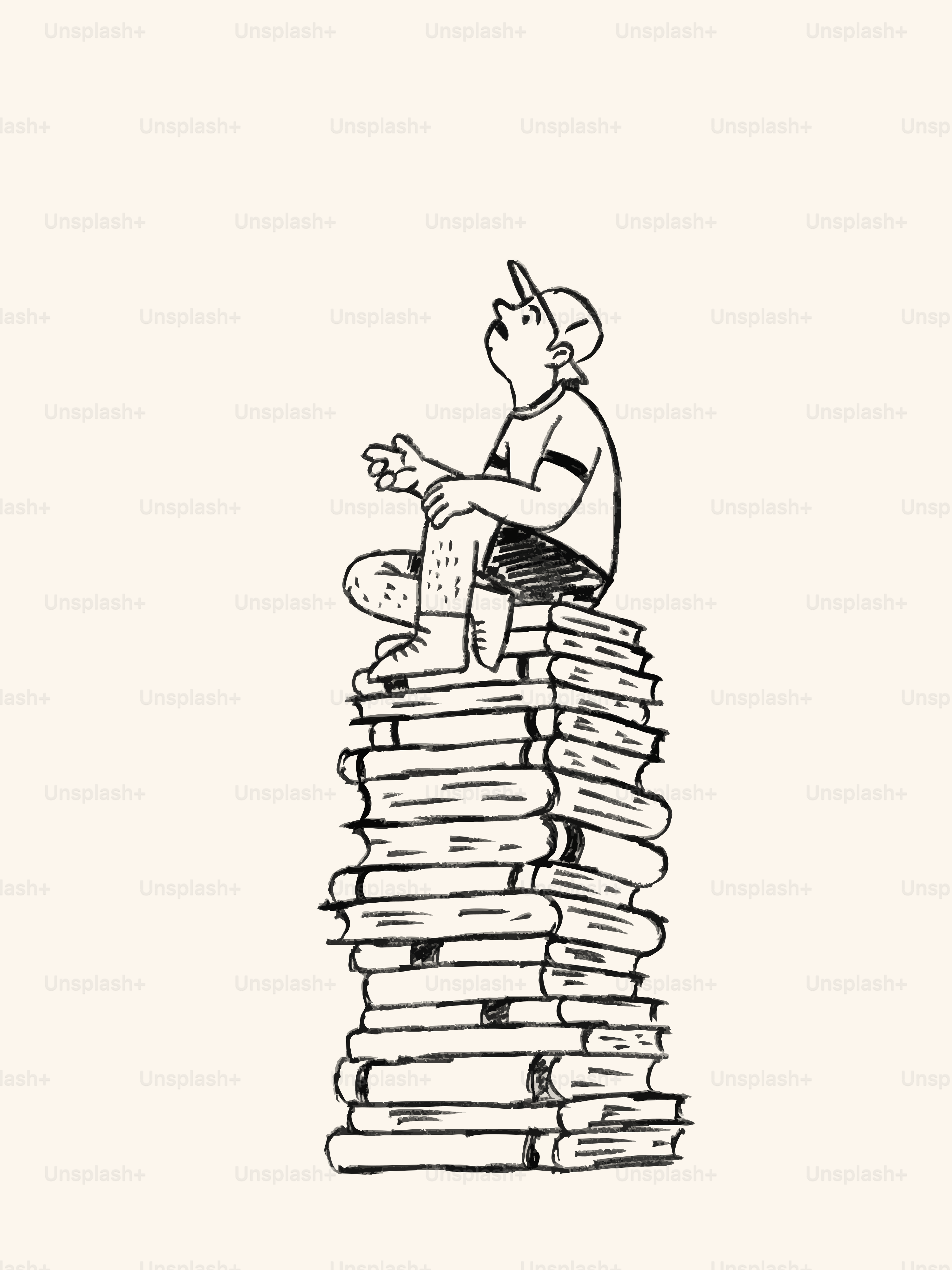Boy in cap sitting atop a stack of books