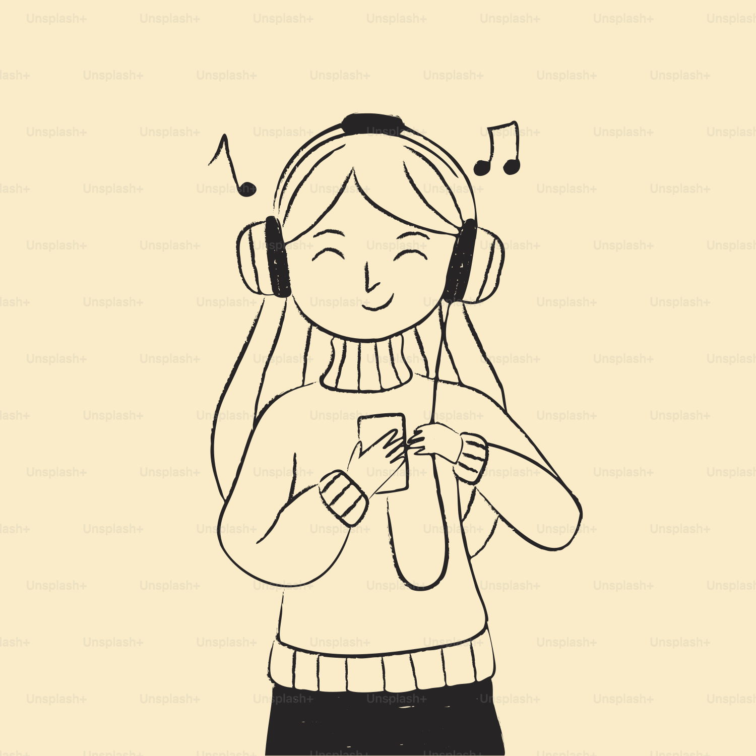 A girl with headphones listens to music on her phone.