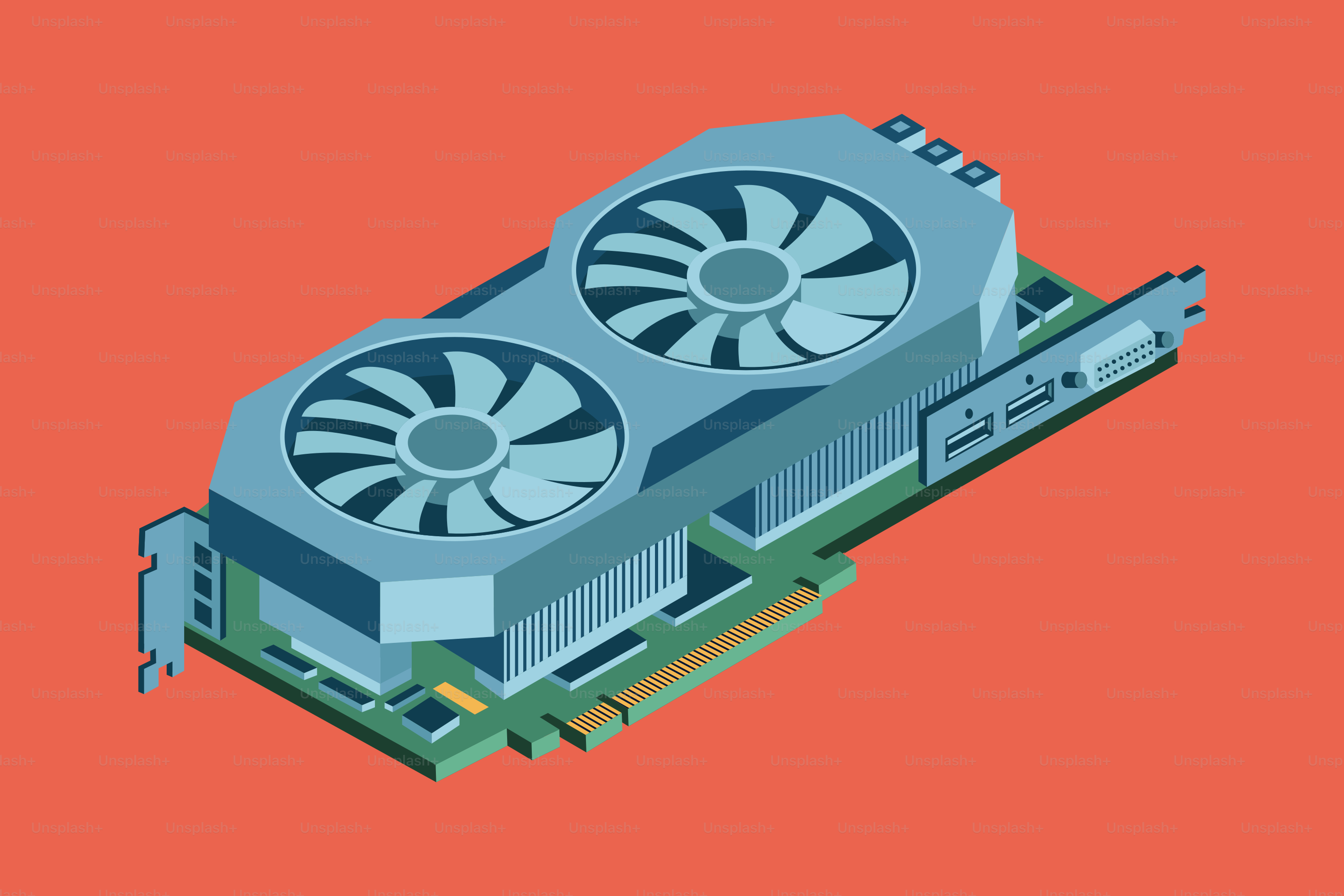 Una tarjeta gráfica azul con dos ventiladores sobre fondo rojo