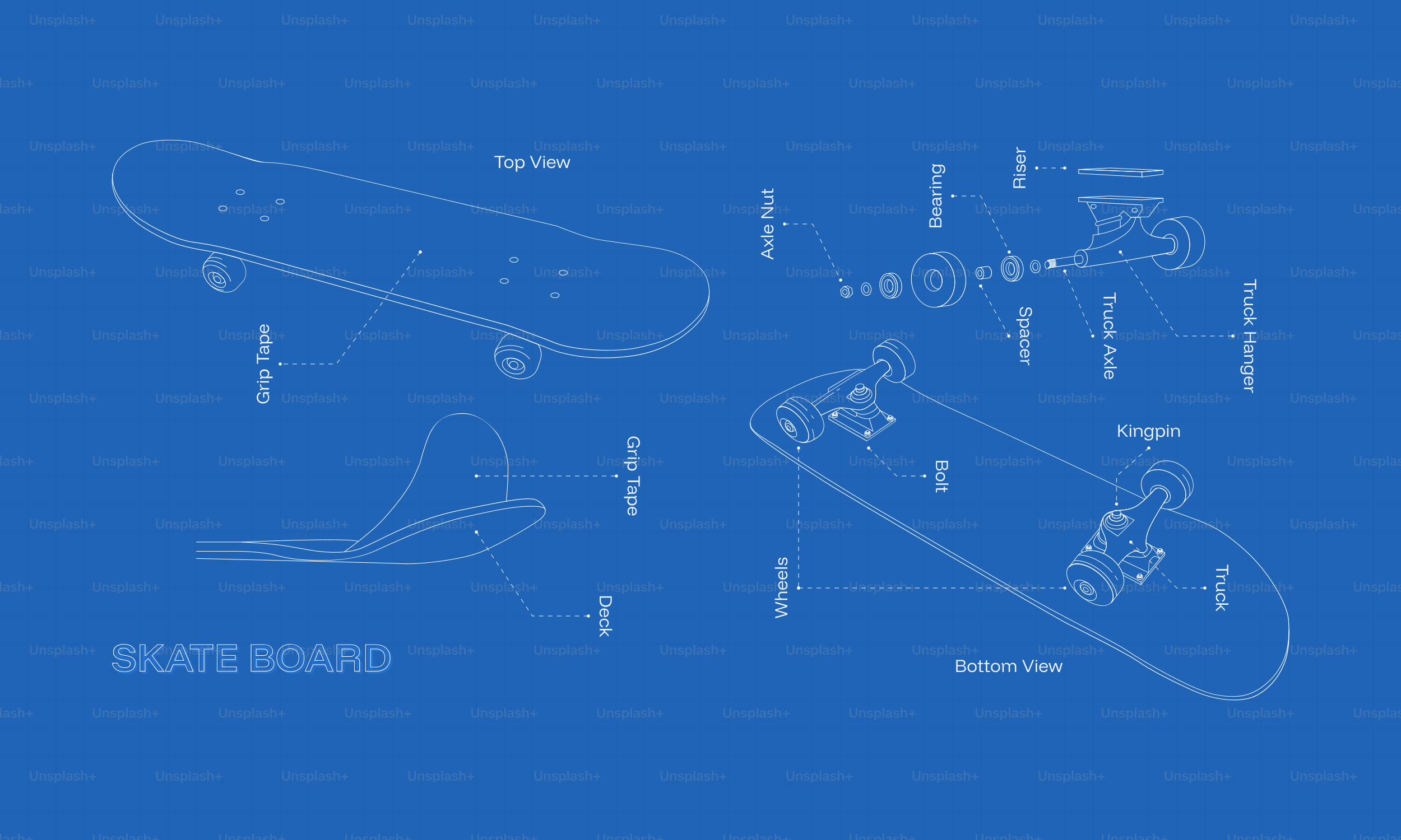 Blueprint diagram of a skateboard with labels.