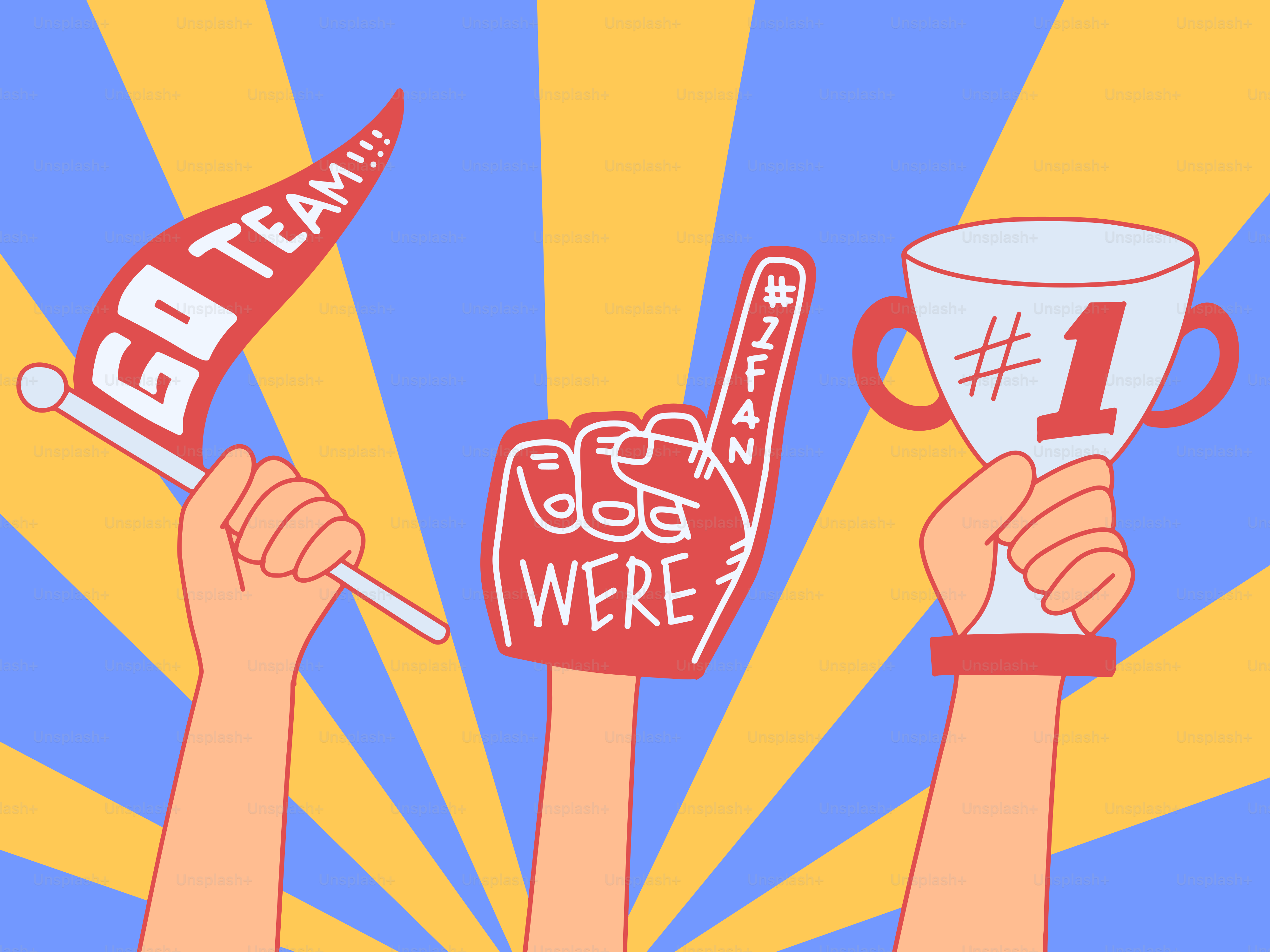 Hands holding a flag, foam finger, and trophy