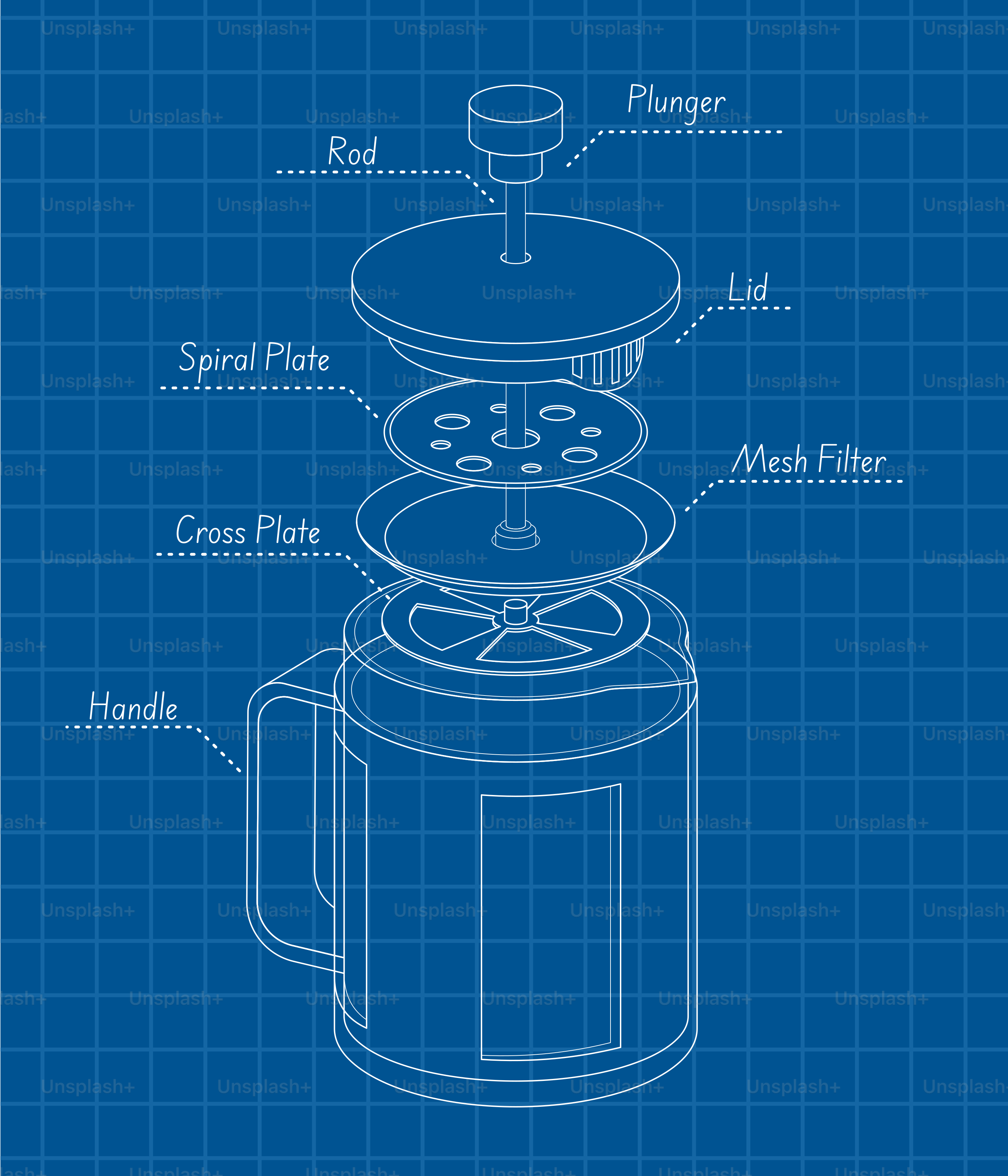 Exploded view of a french press coffee maker