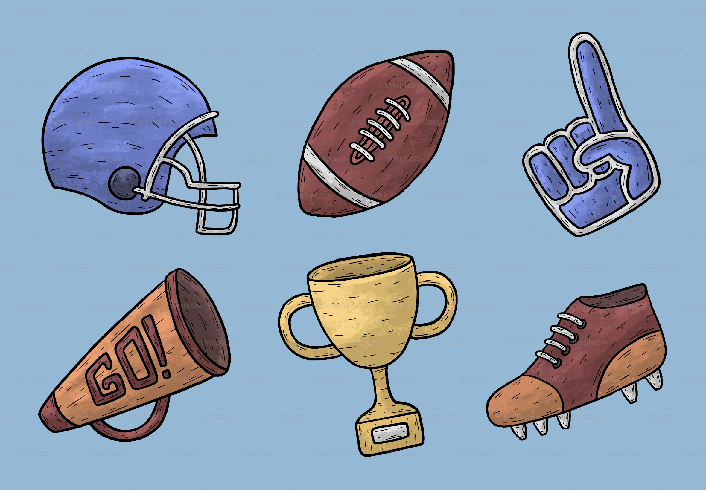 American football gear and trophy on blue background