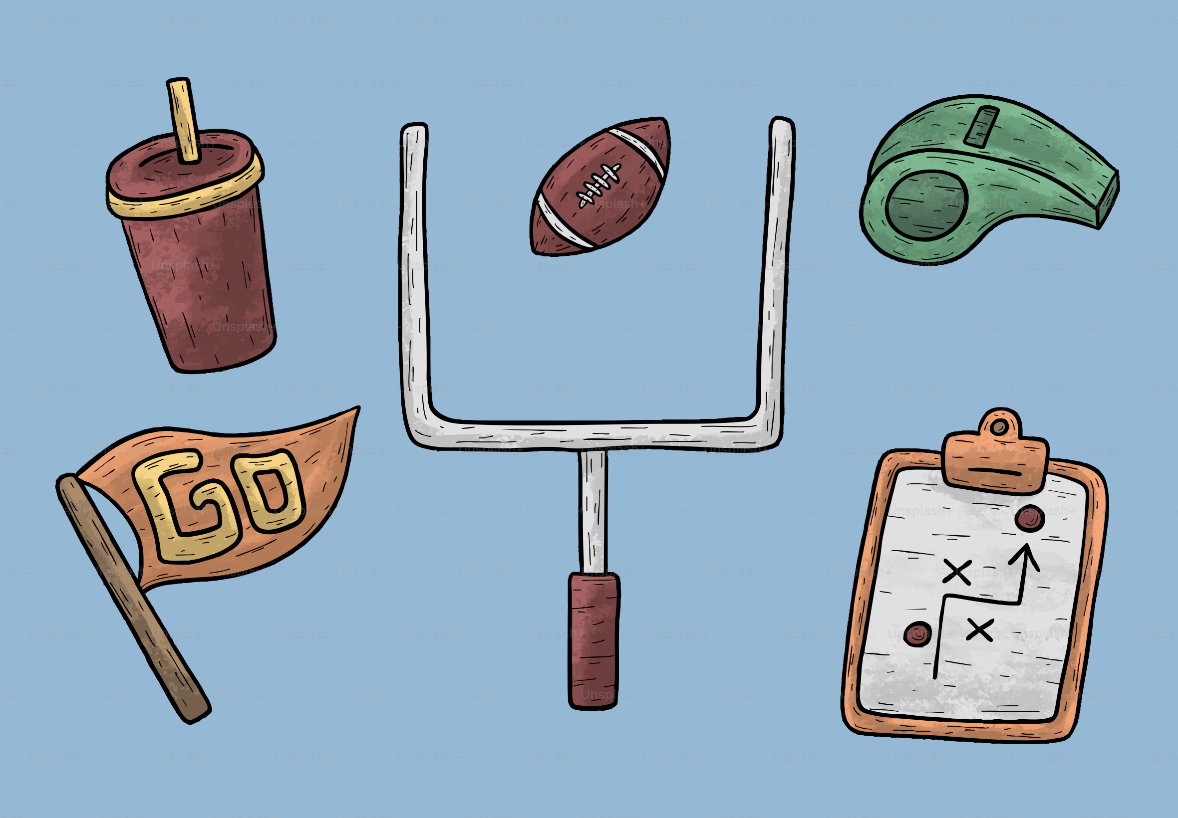 American football elements with goalpost and playbook