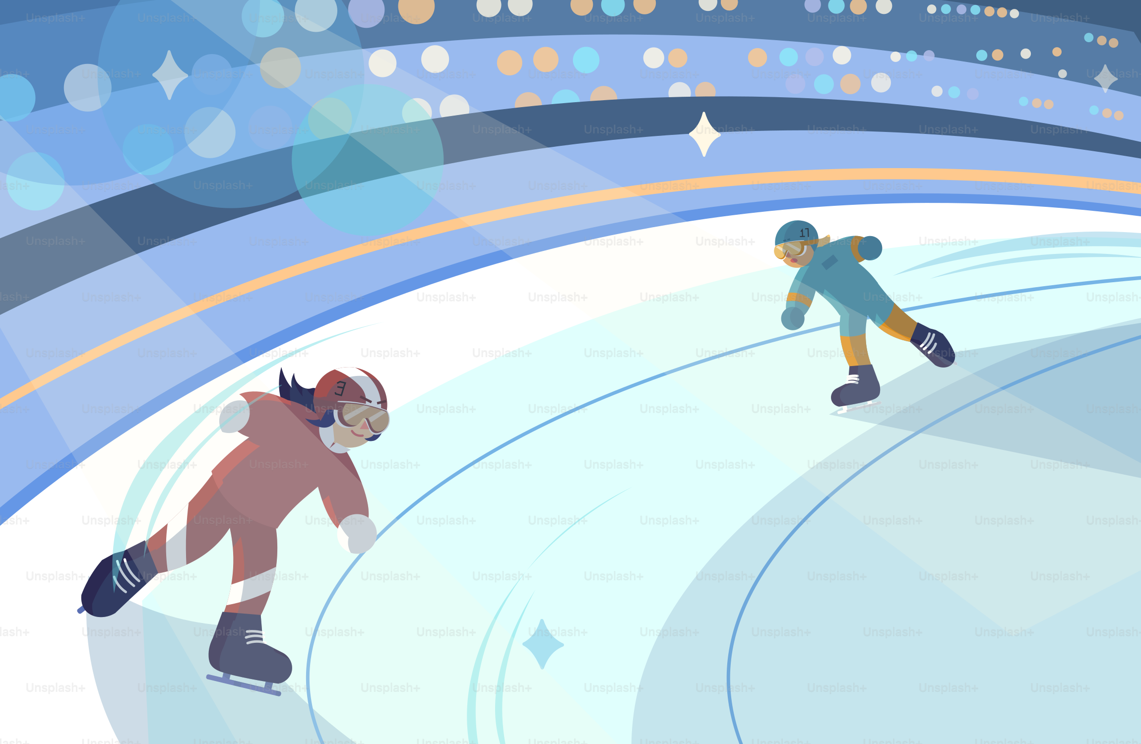 二人のスケーターが明るく未来的なアイスリンクで競い合っています。