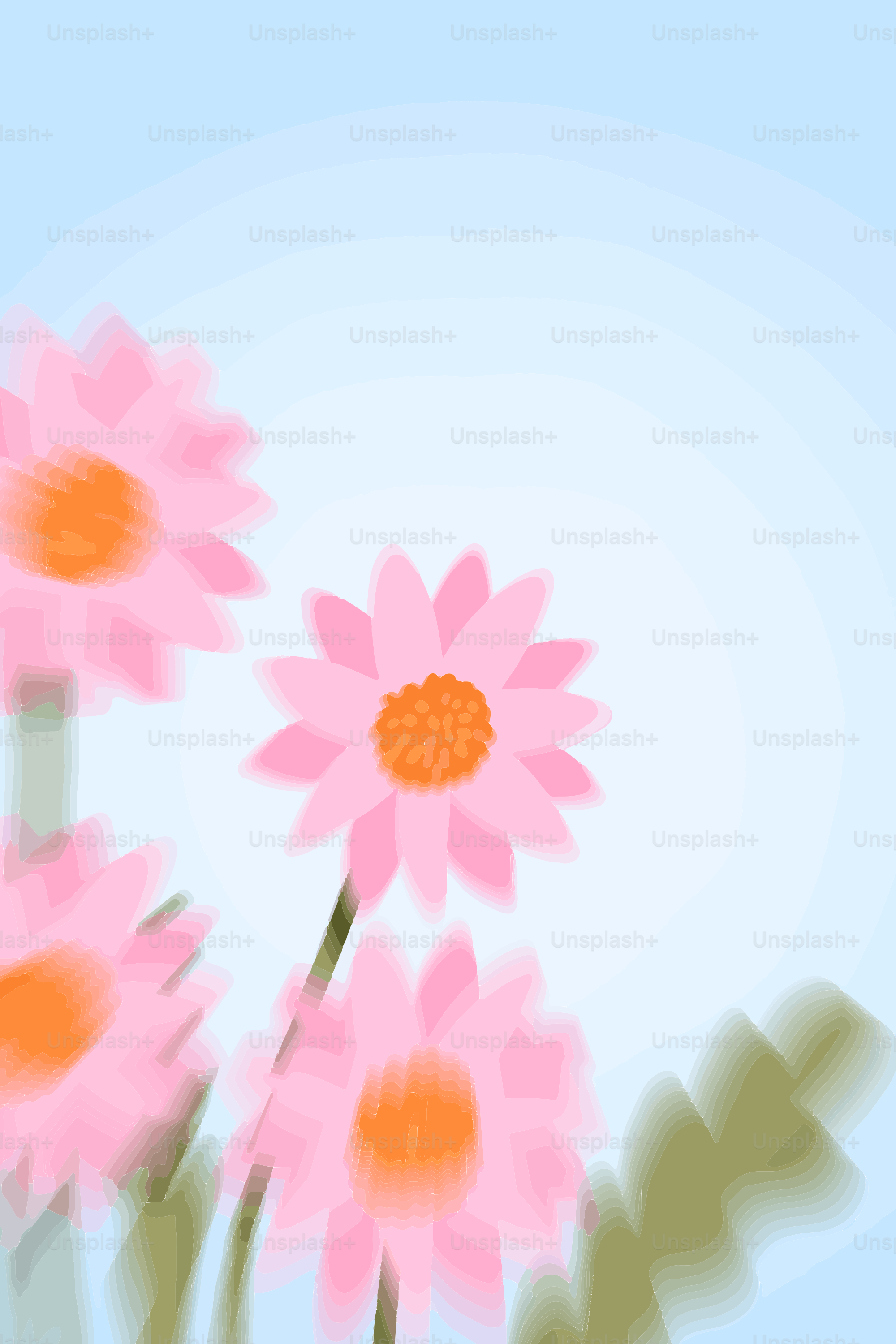 Flores rosas con centros naranjas sobre un cielo azul