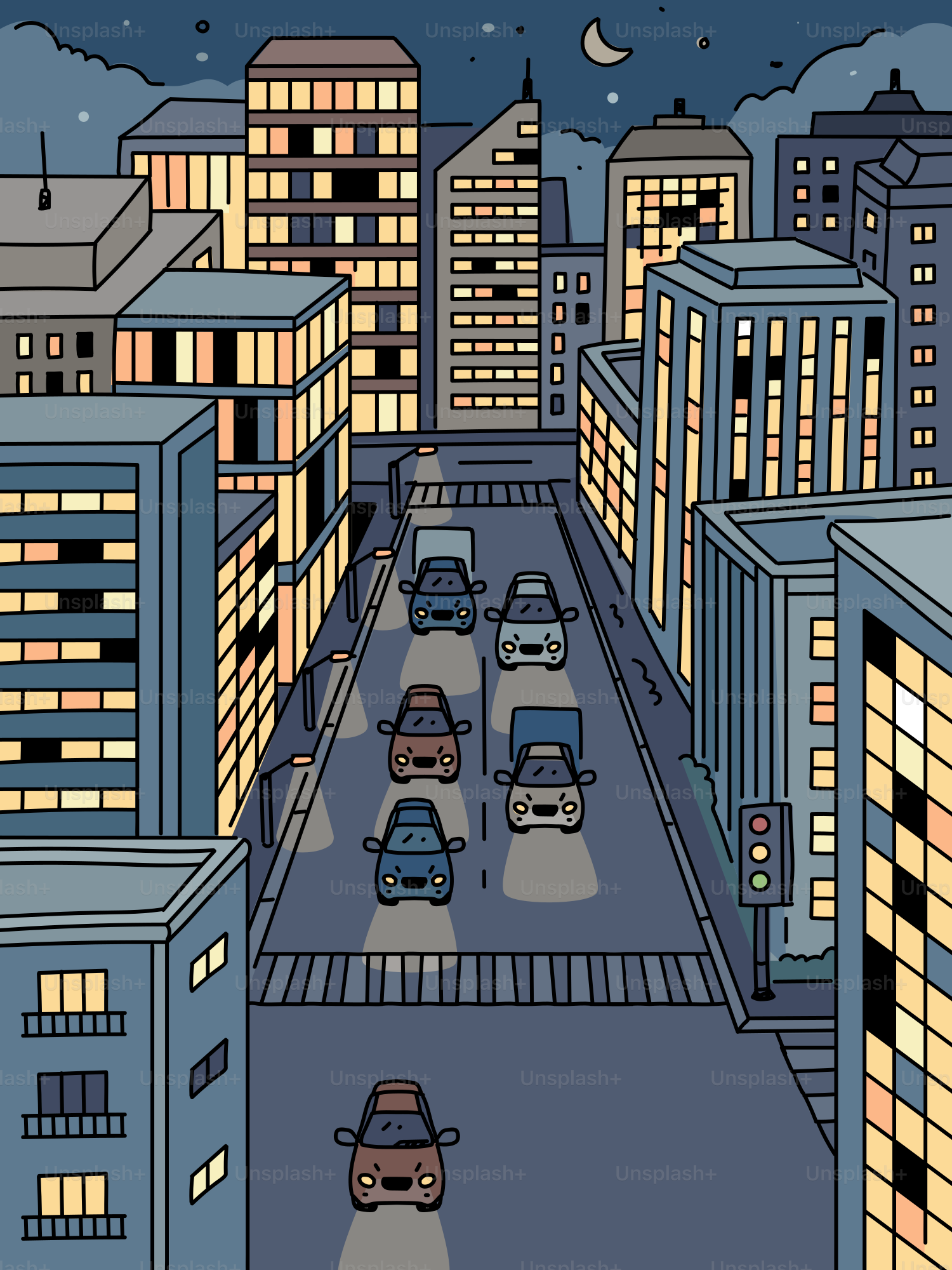 Cars driving on a street at night.