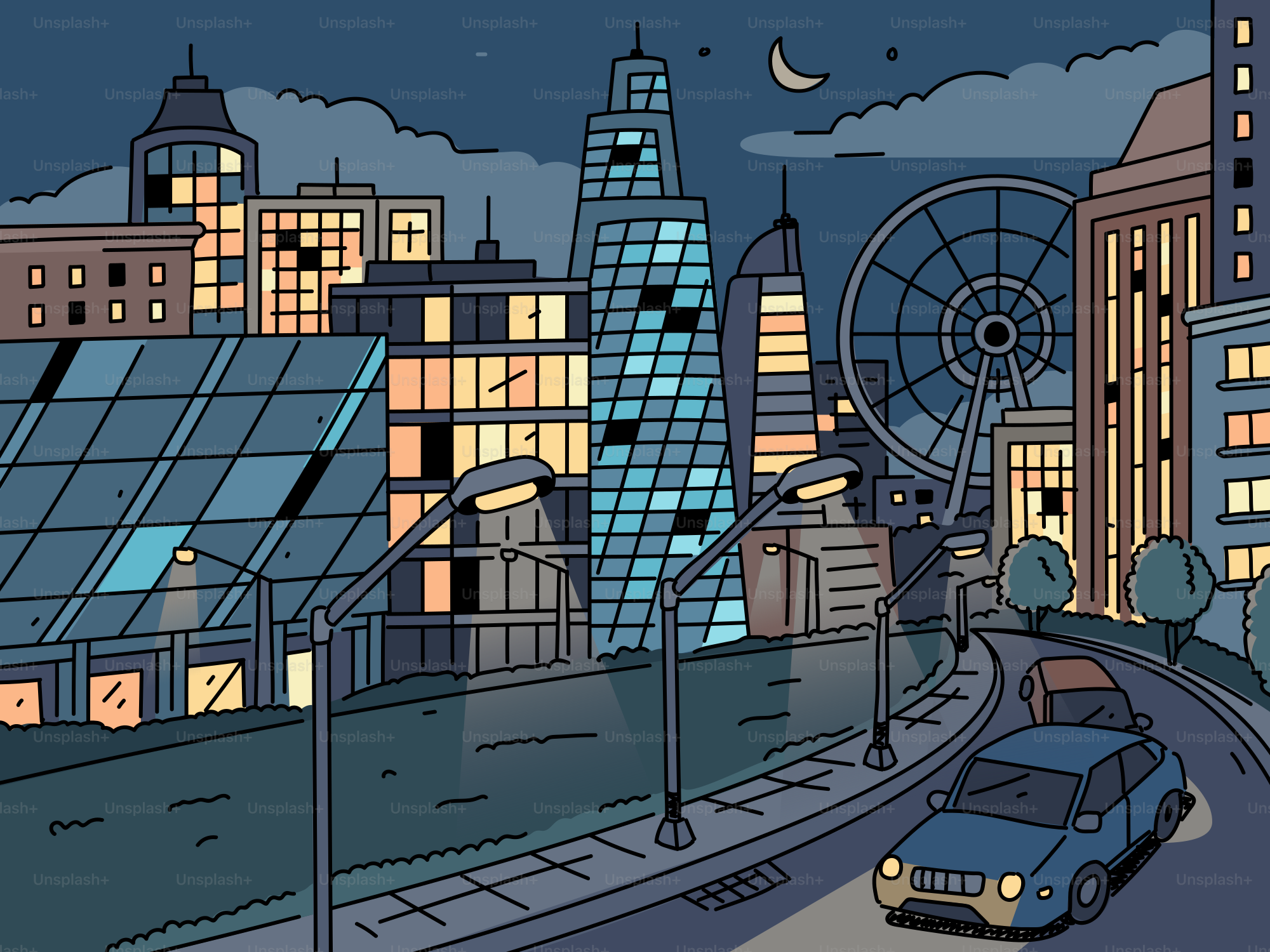 A nighttime cityscape with modern buildings and a ferris wheel.