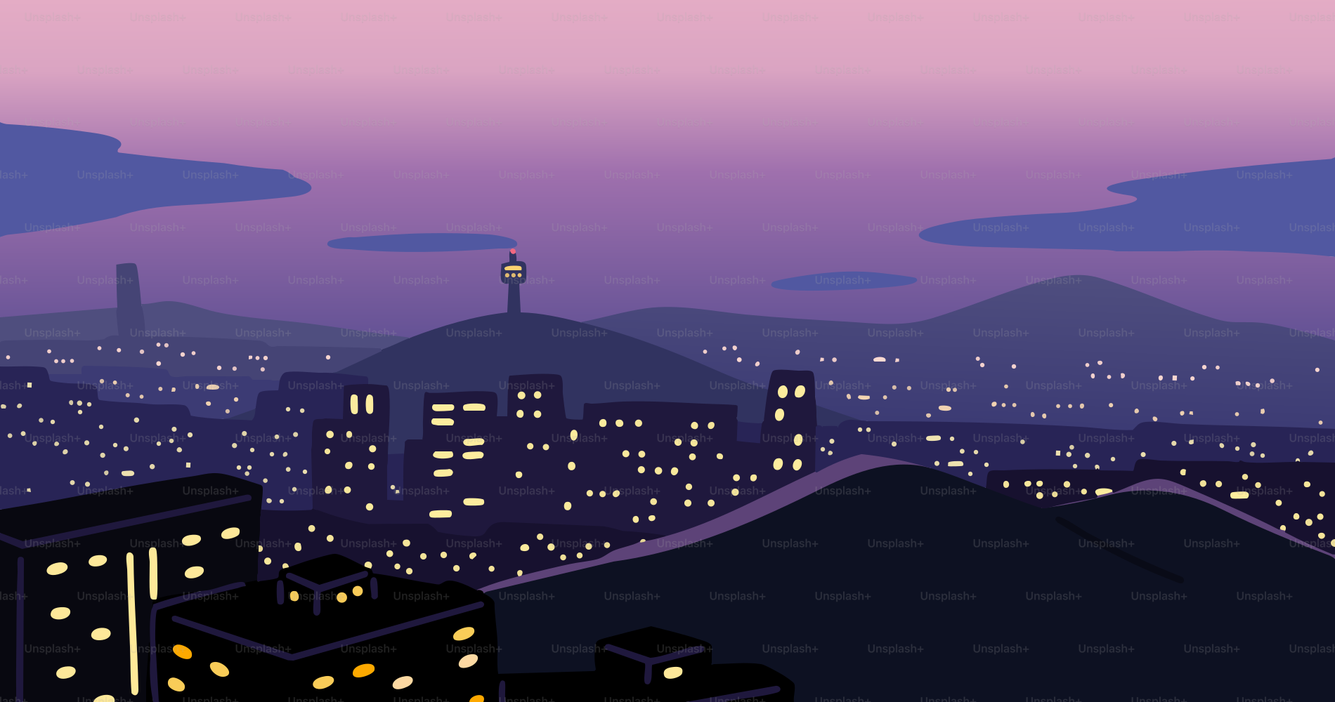 City skyline at dusk with purple sky and lights.