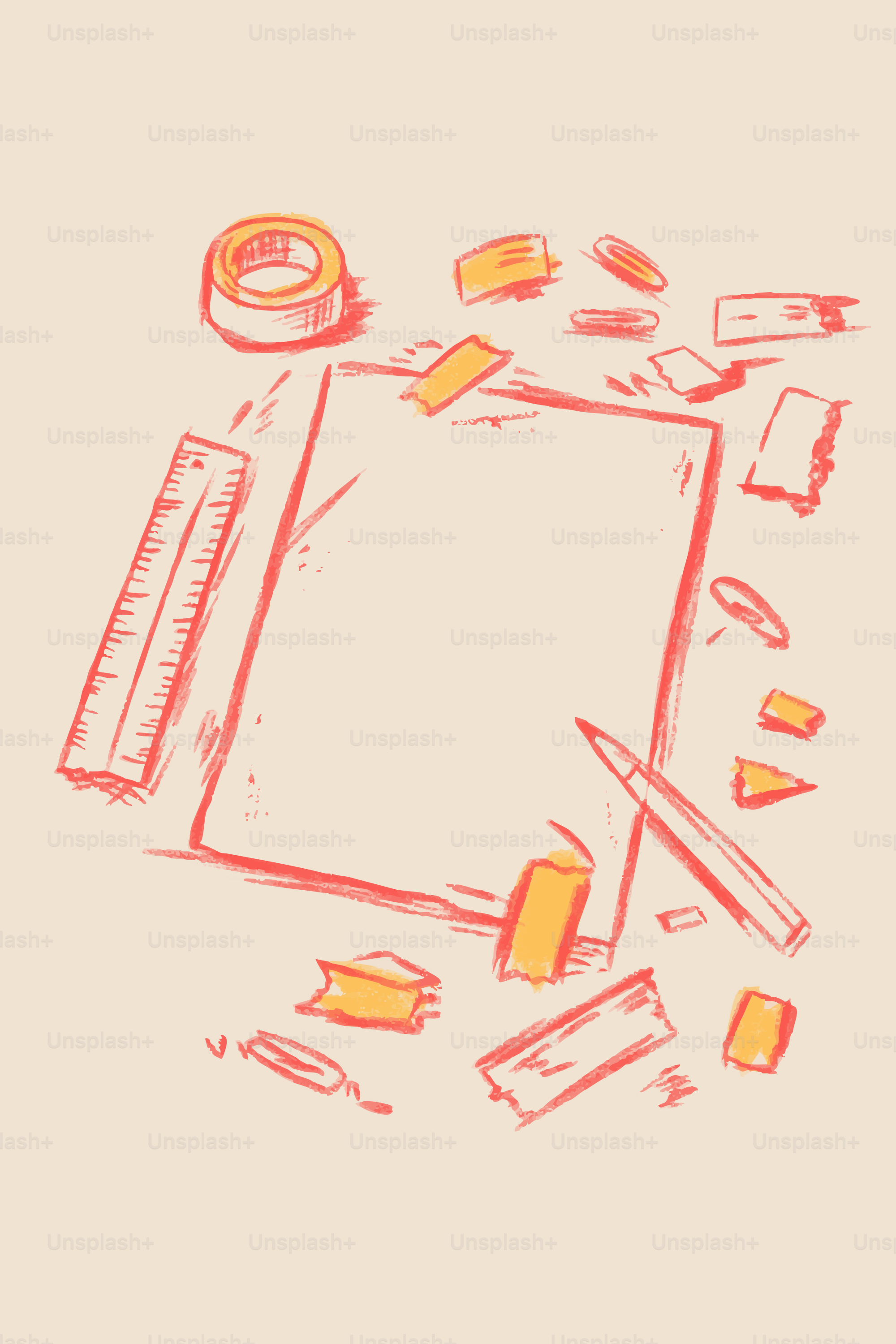 Desk with paper, ruler, tape, and pencil