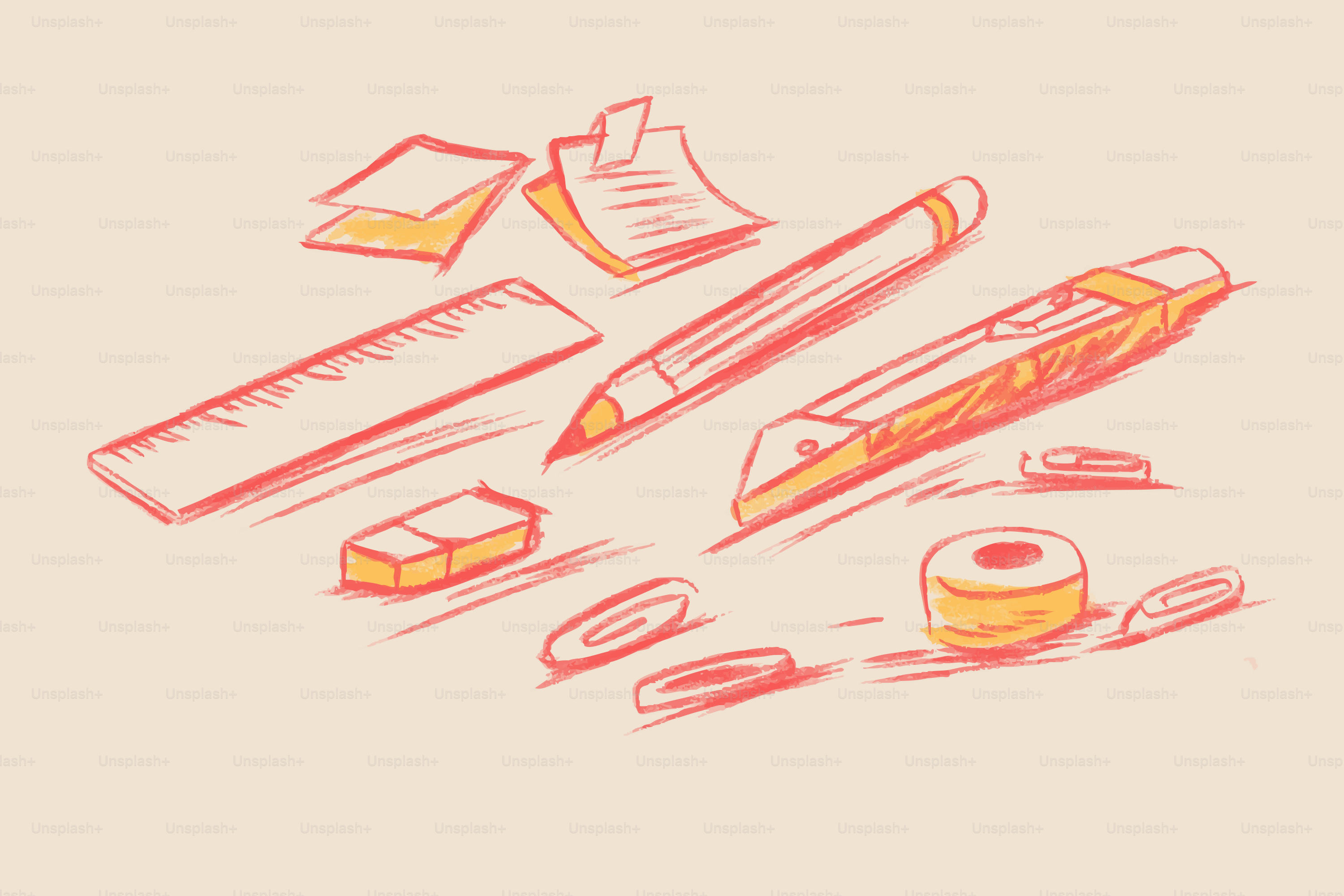 Stationery items including ruler, pencil, eraser, and cutter.