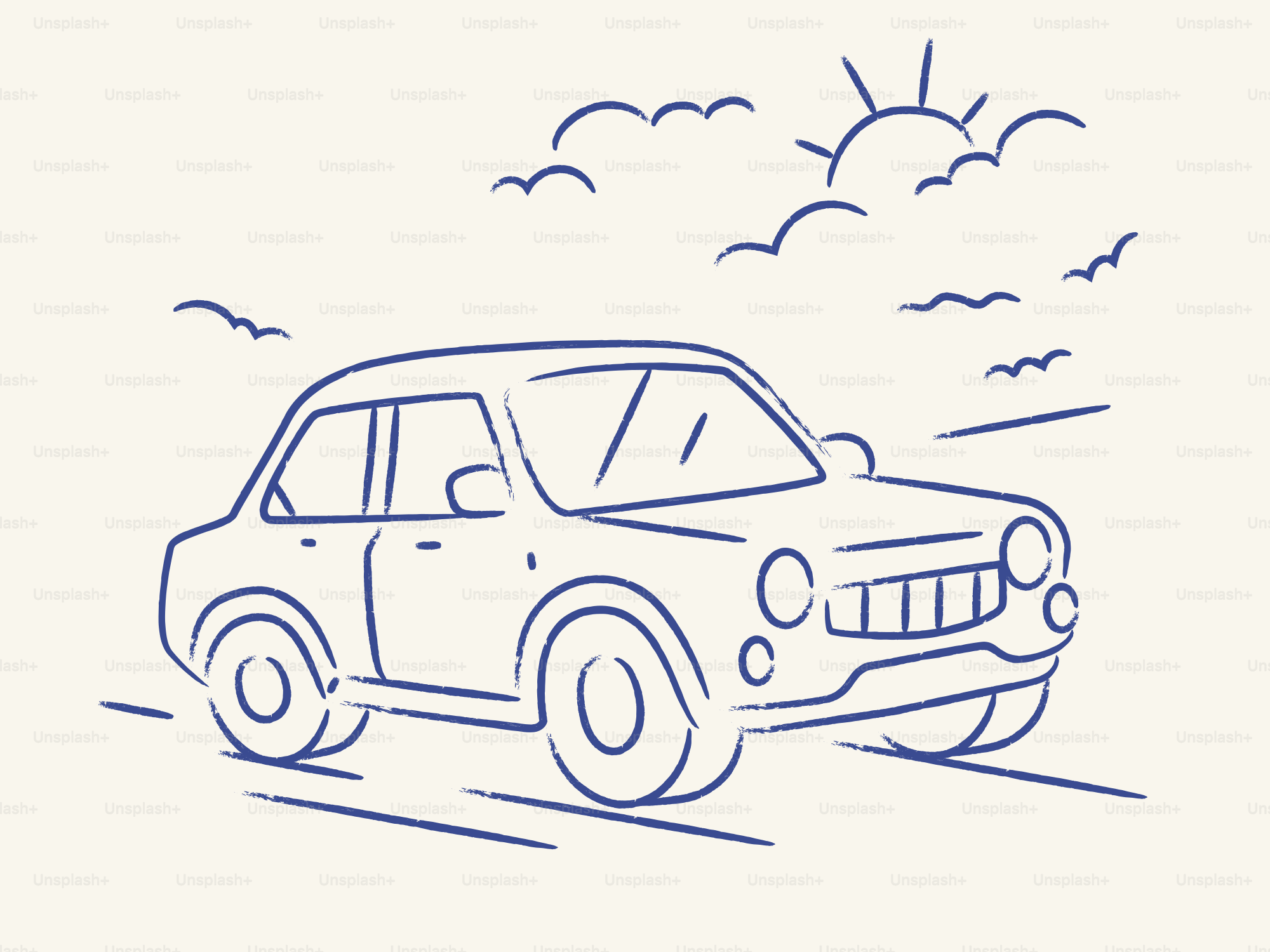 A simple line drawing of a car on a road