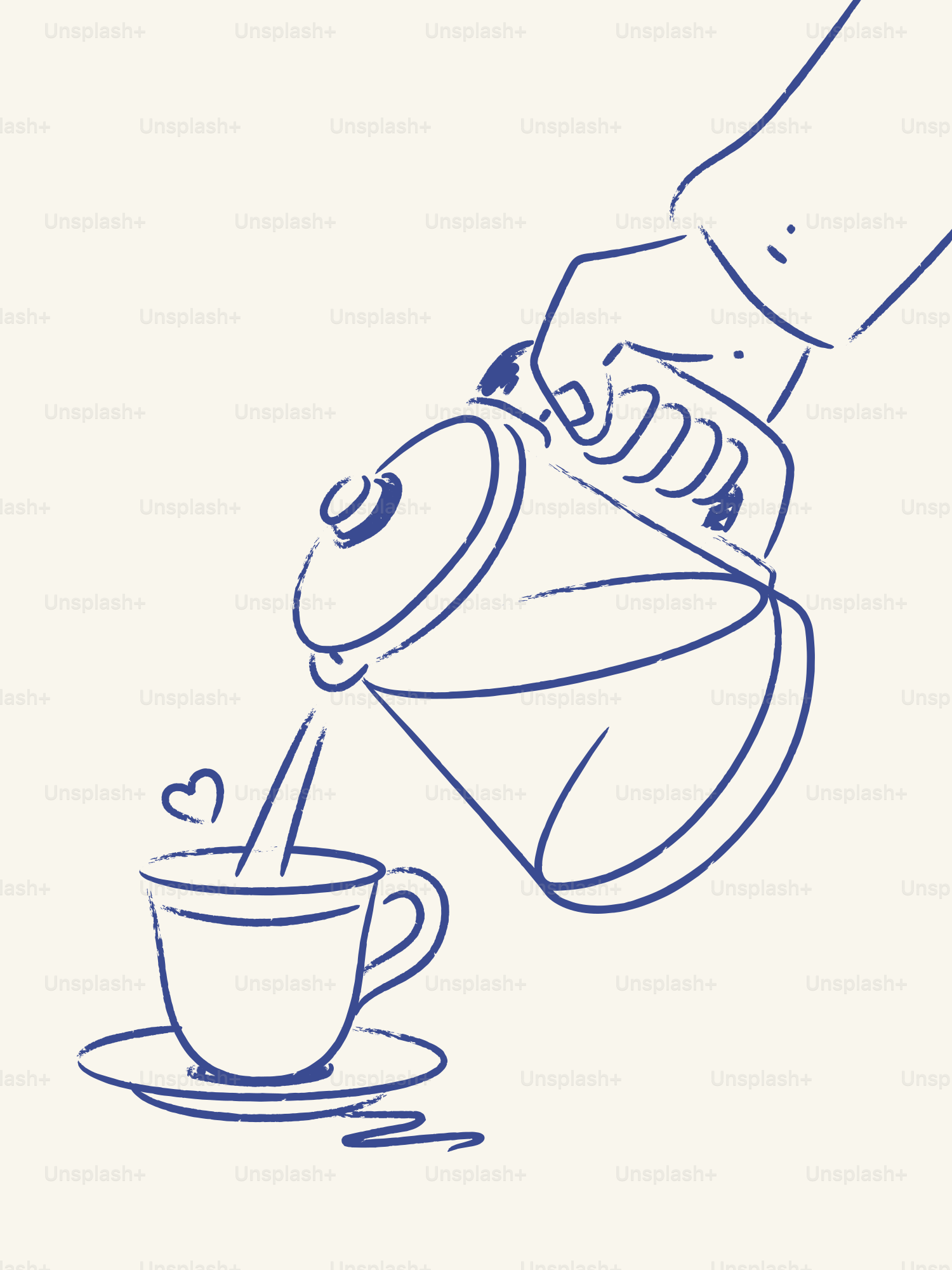 Hand pouring hot water into a teacup with a heart