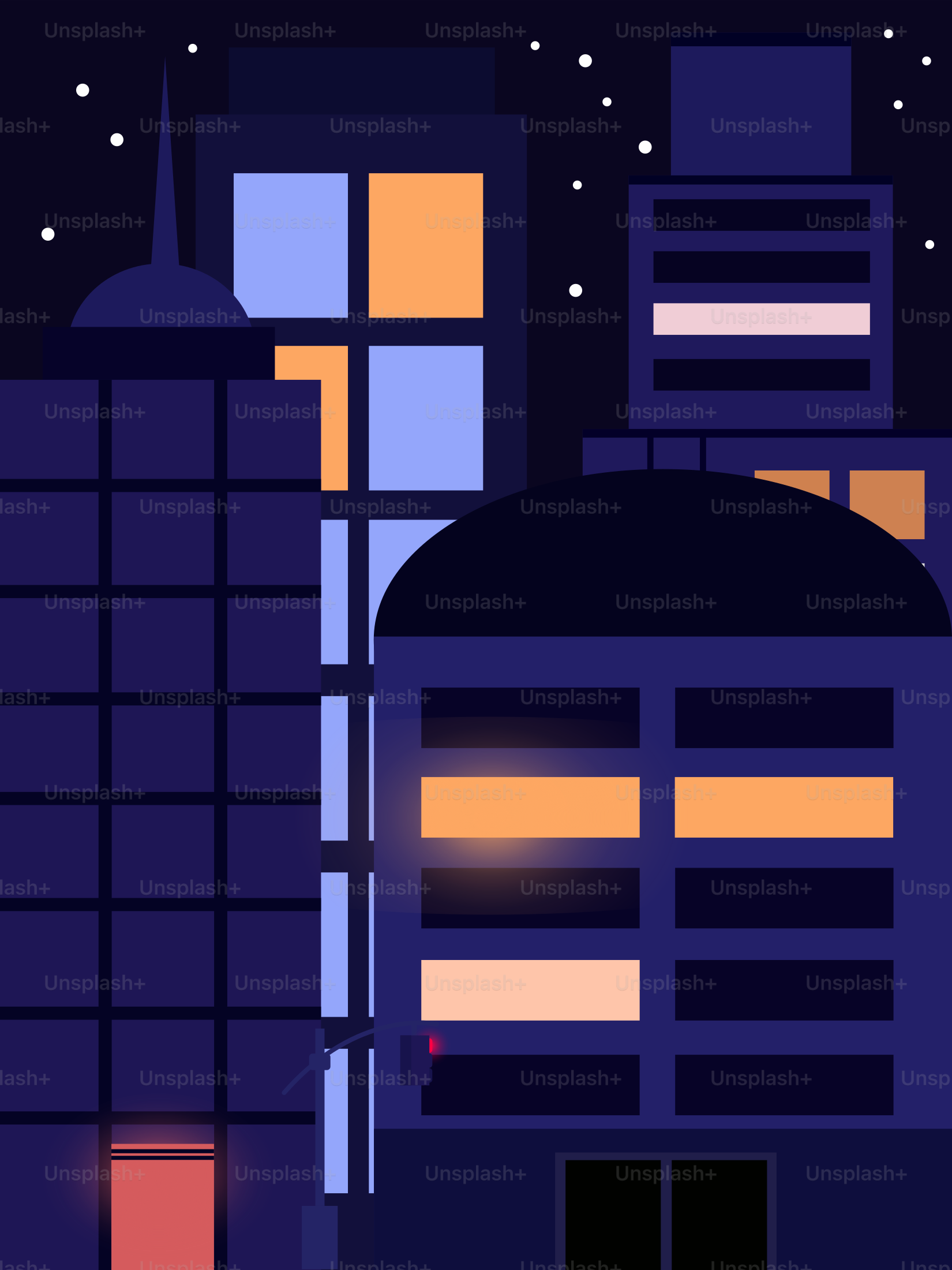 Modern city buildings at night with glowing windows.