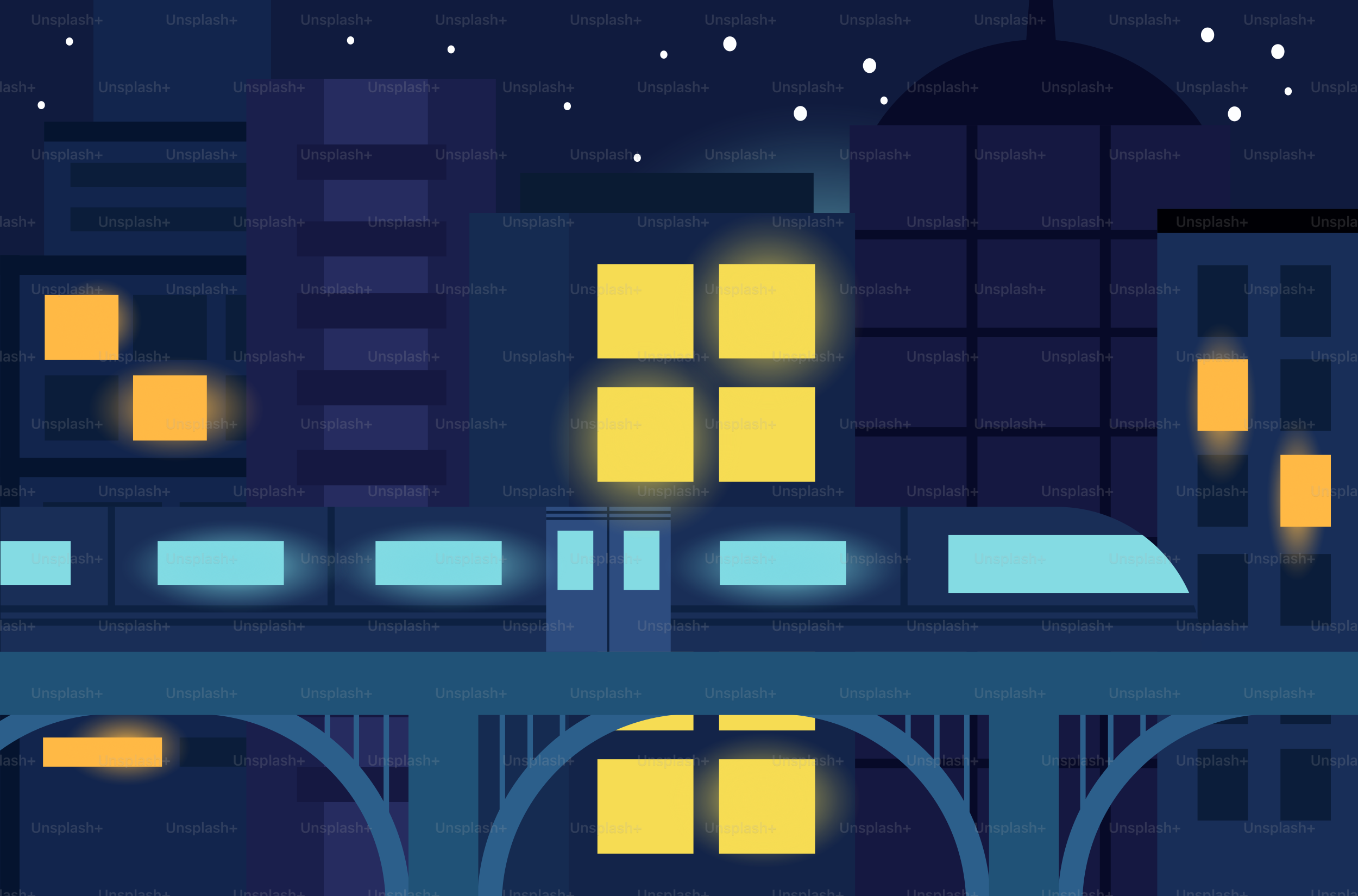 夜に列車が都市を通過します。