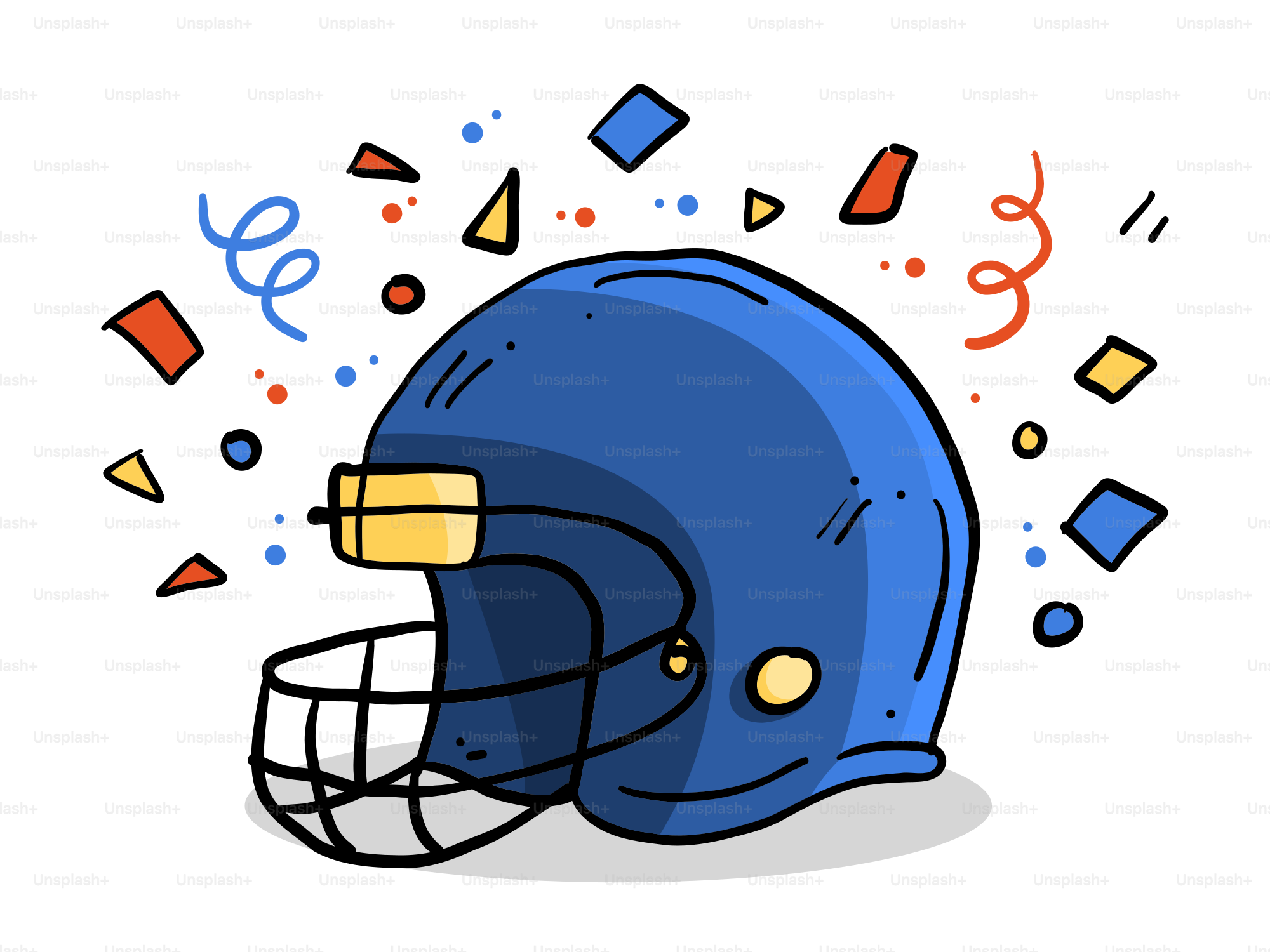 A blue football helmet with confetti and streamers.