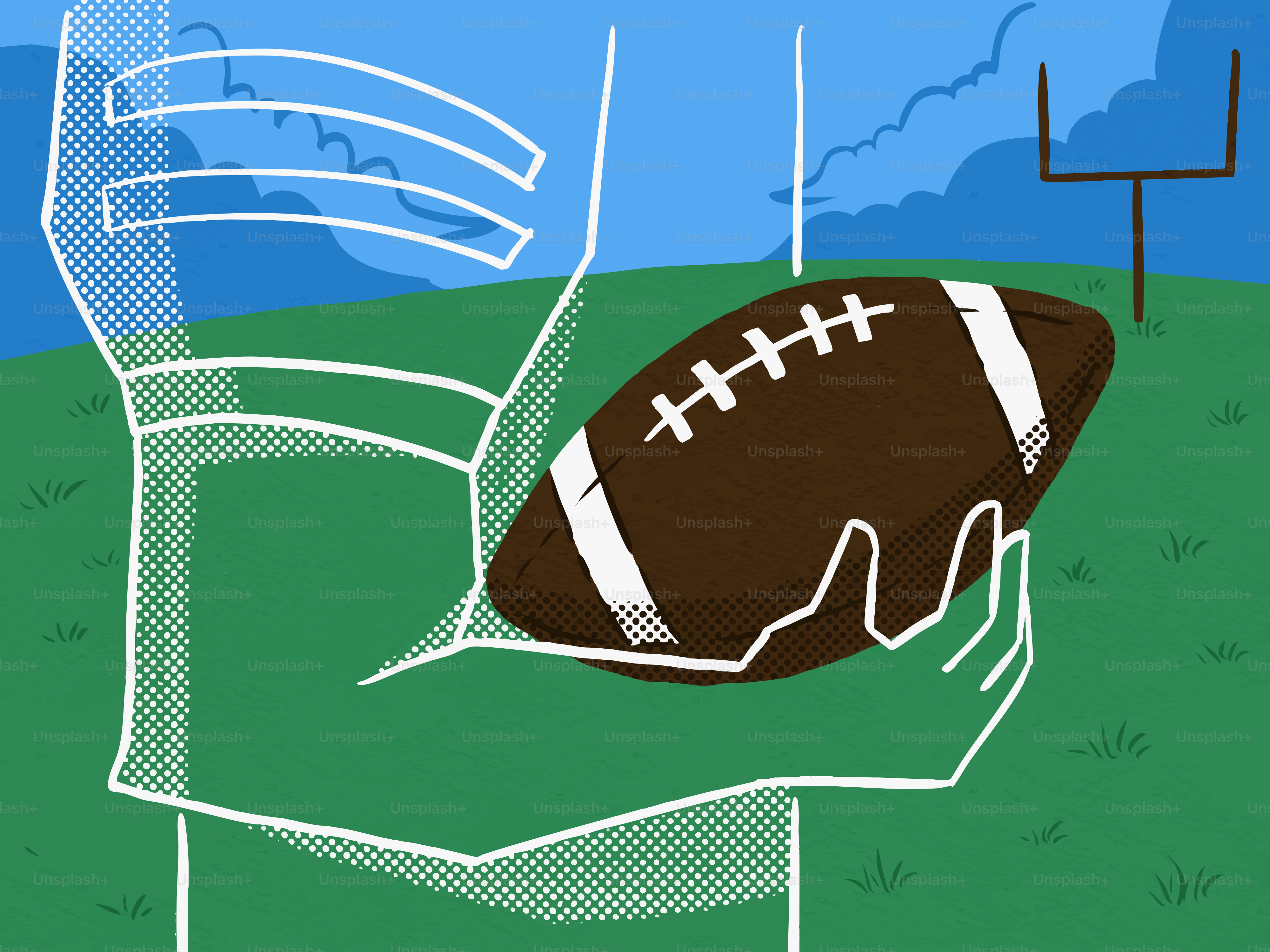 Una persona sosteniendo un balón americano en un campo.