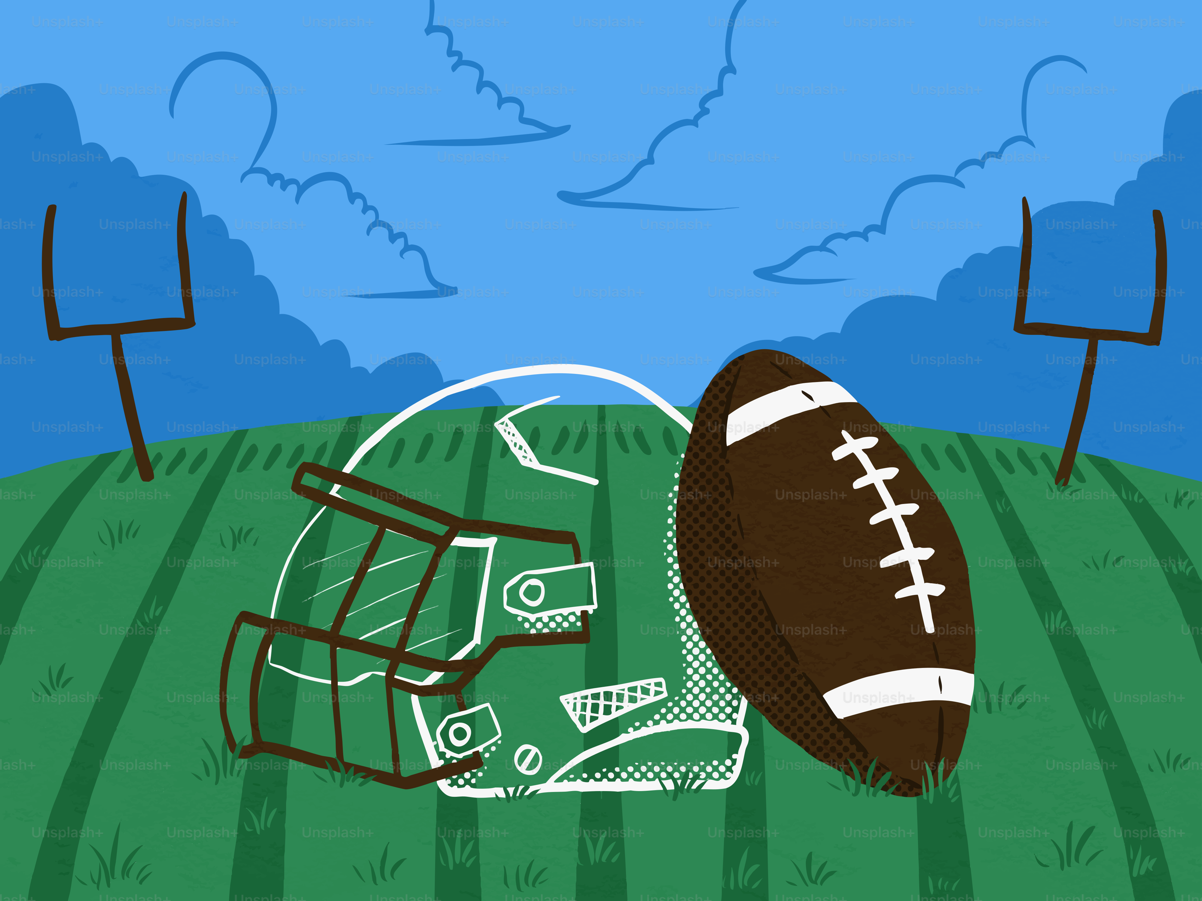 Casco y balón de fútbol americano en el campo