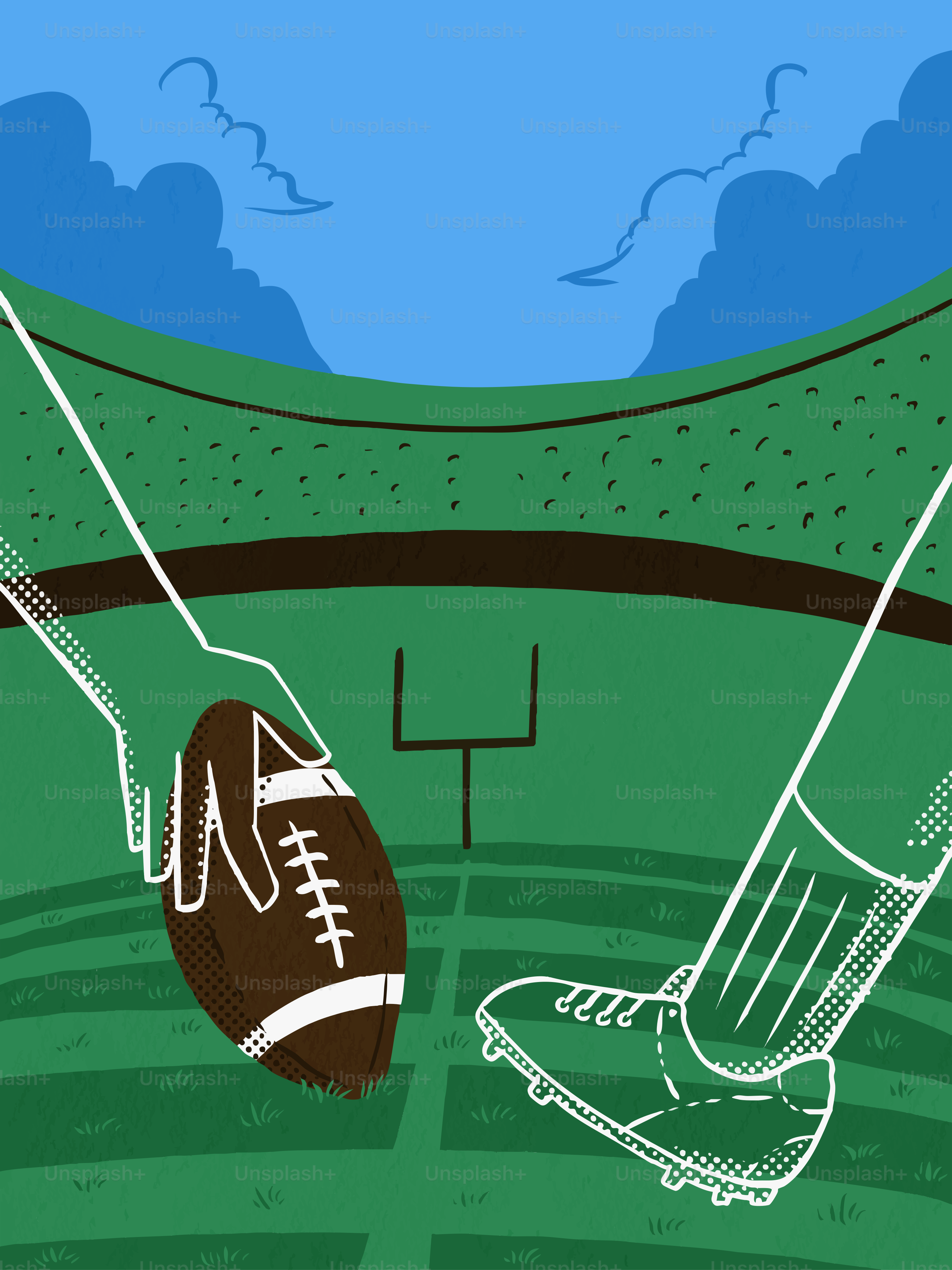 Dos manos sujetan un balón de fútbol en un campo de estadio.