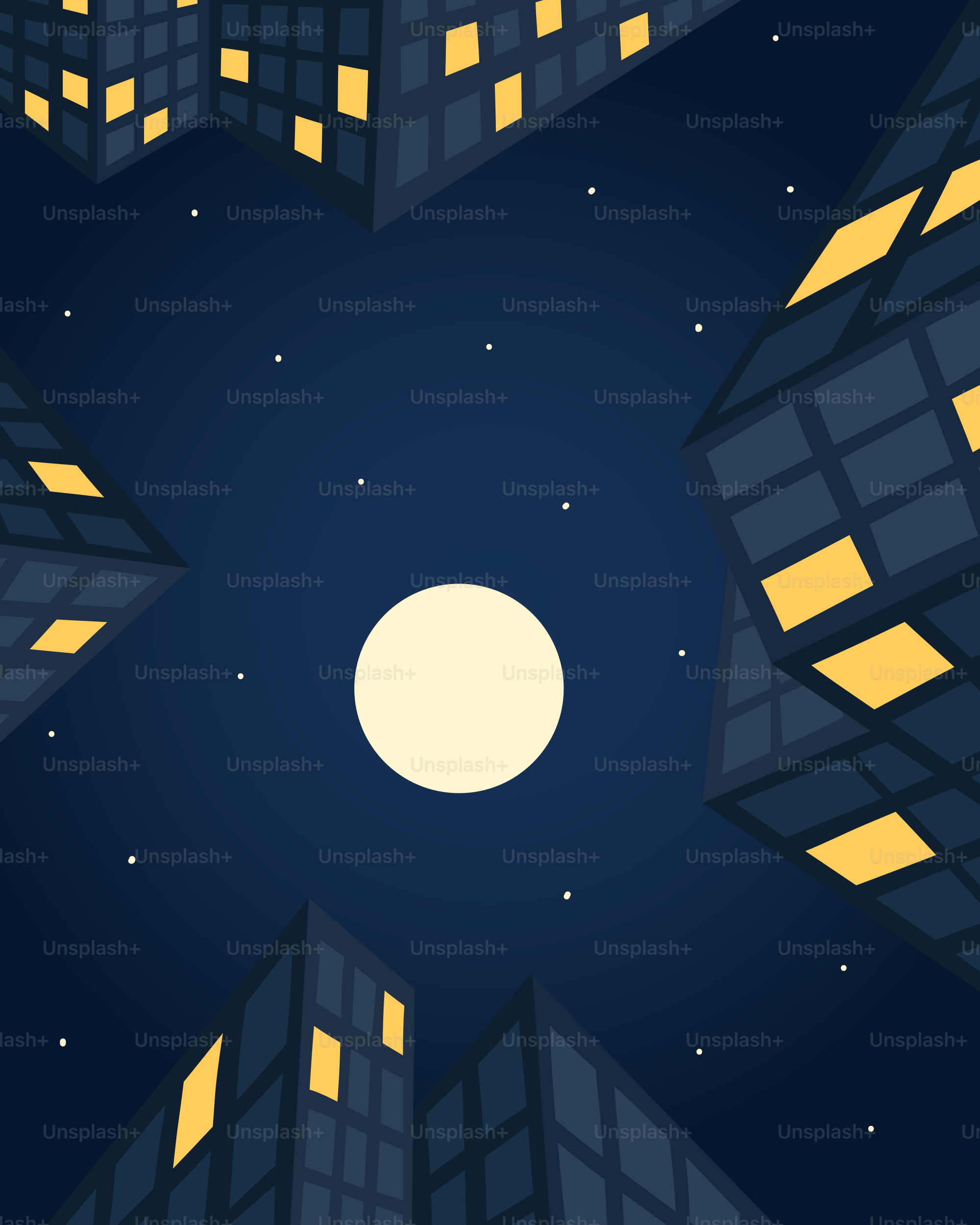 City buildings under a full moon at night