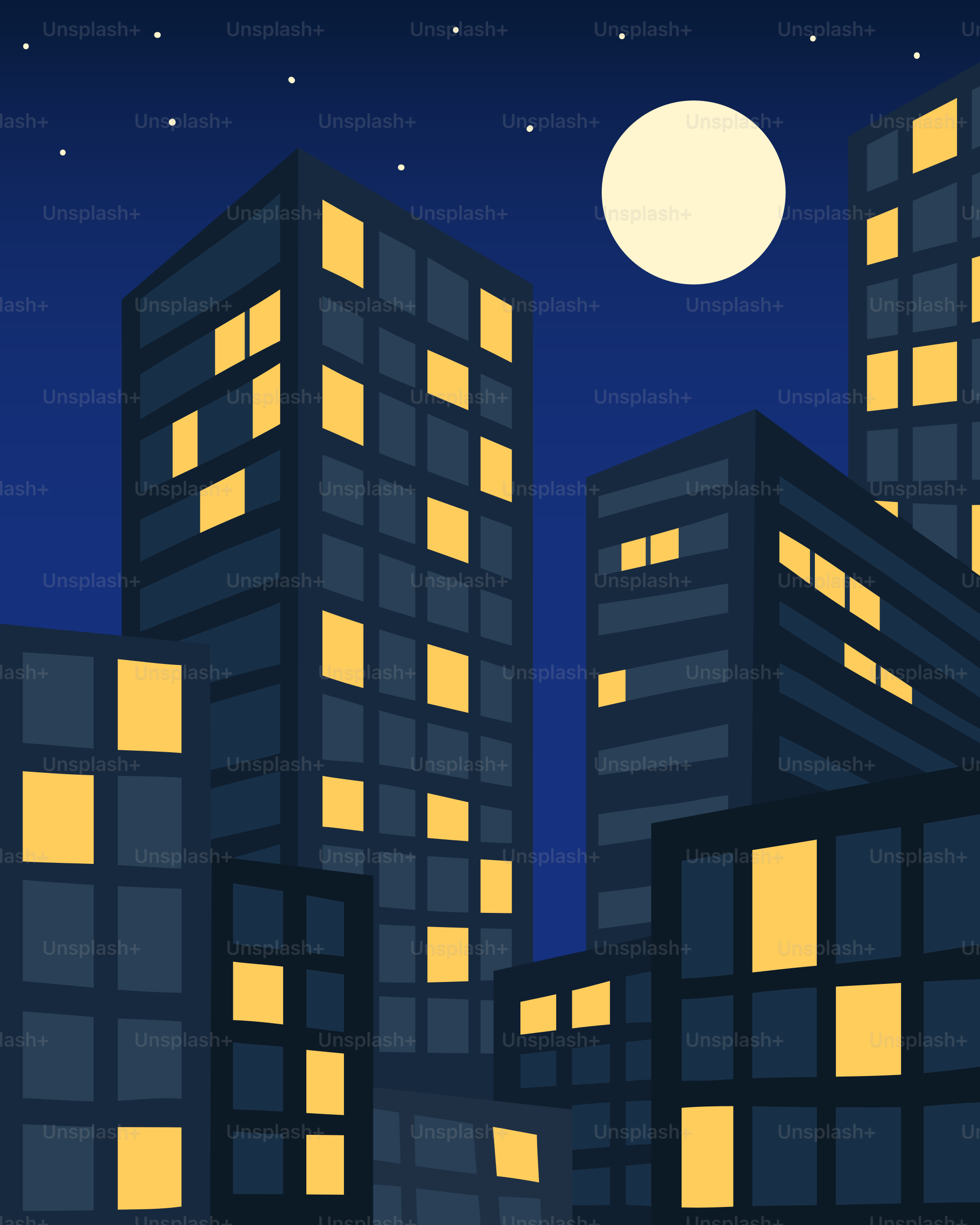 Stadtskyline mit beleuchteten Gebäuden unter dem Mond.