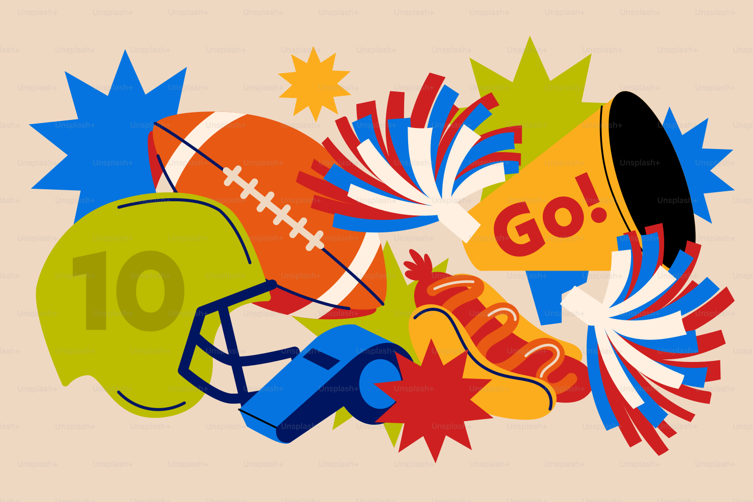 American football gear and cheerleading pom-poms with a megaphone.