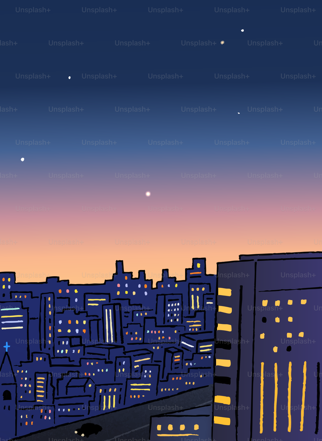 City skyline at dusk with lit windows