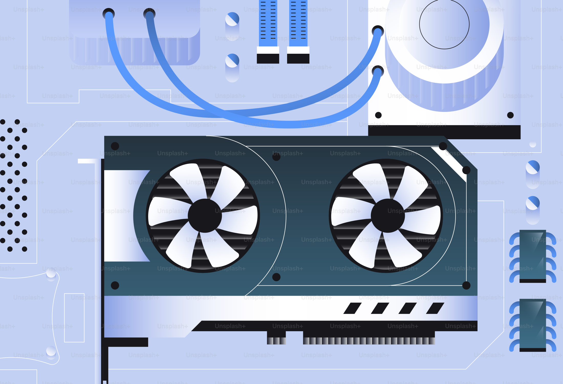 Computer graphics card with two fans and cooling system