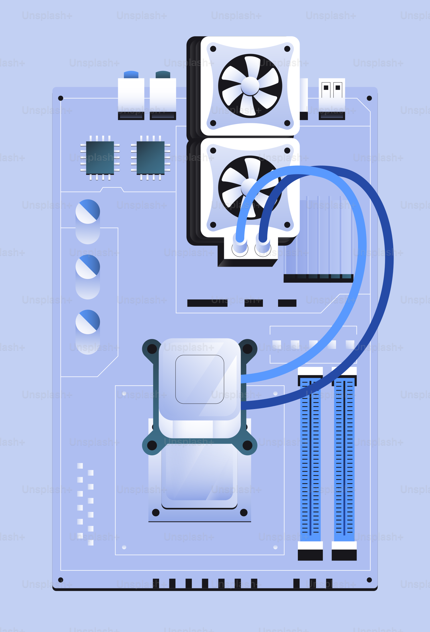Computer motherboard with cpu cooler and fans