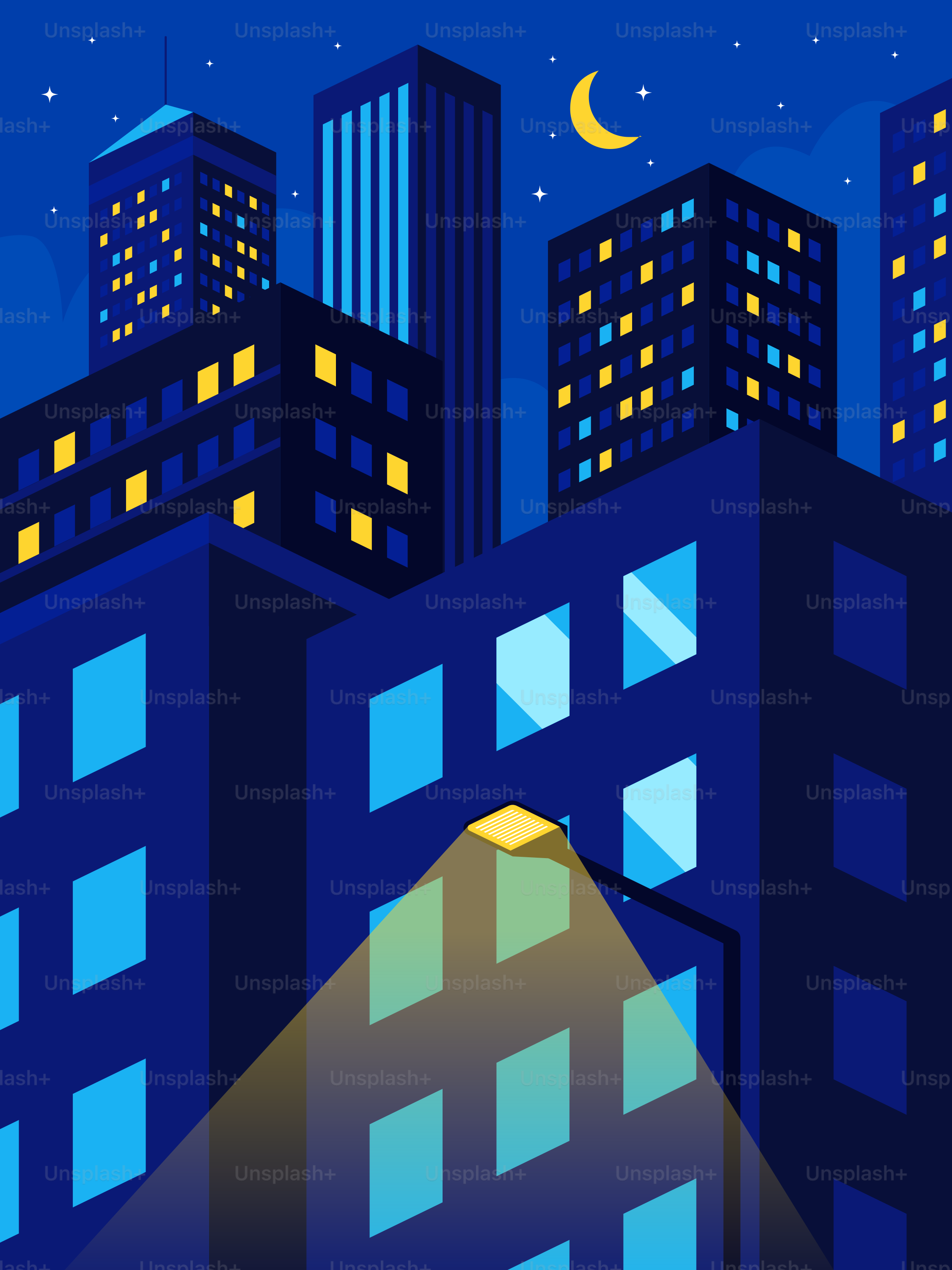 Night cityscape with illuminated buildings and crescent moon.