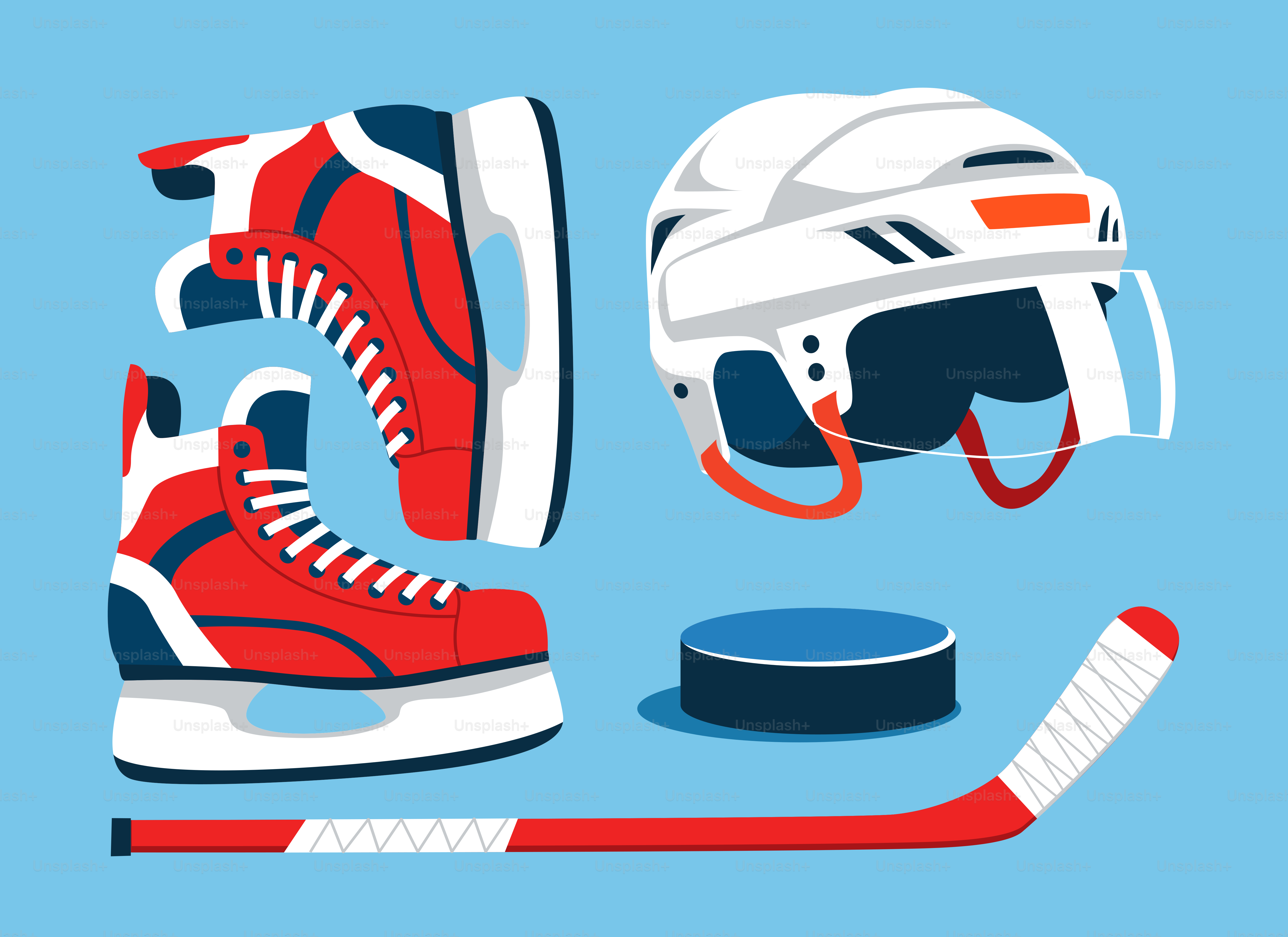 Patins de hockey, casque, palet et bâton bleu.