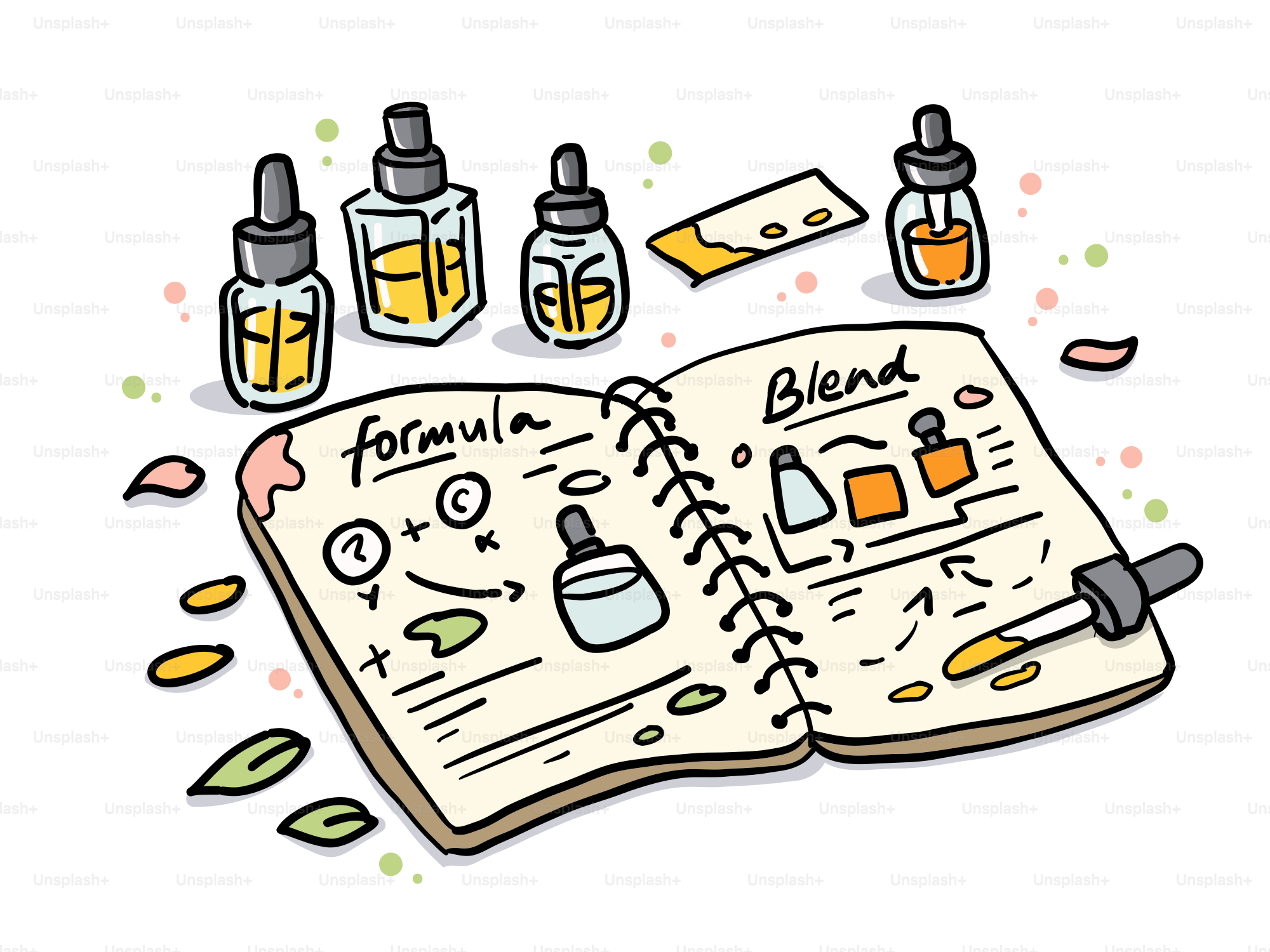 Notebook with formulas and essential oil bottles