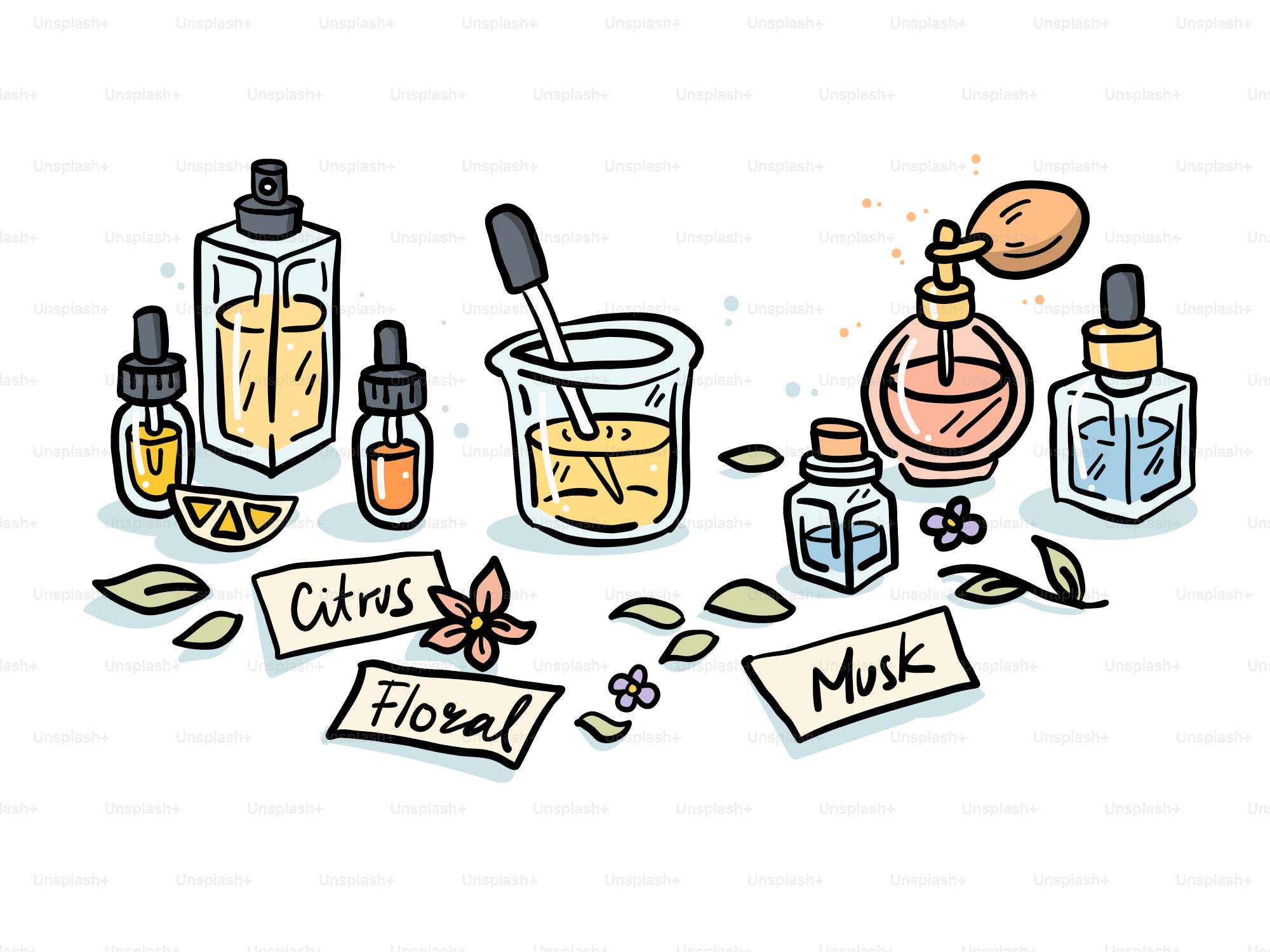 Perfume bottles and ingredients for fragrance creation