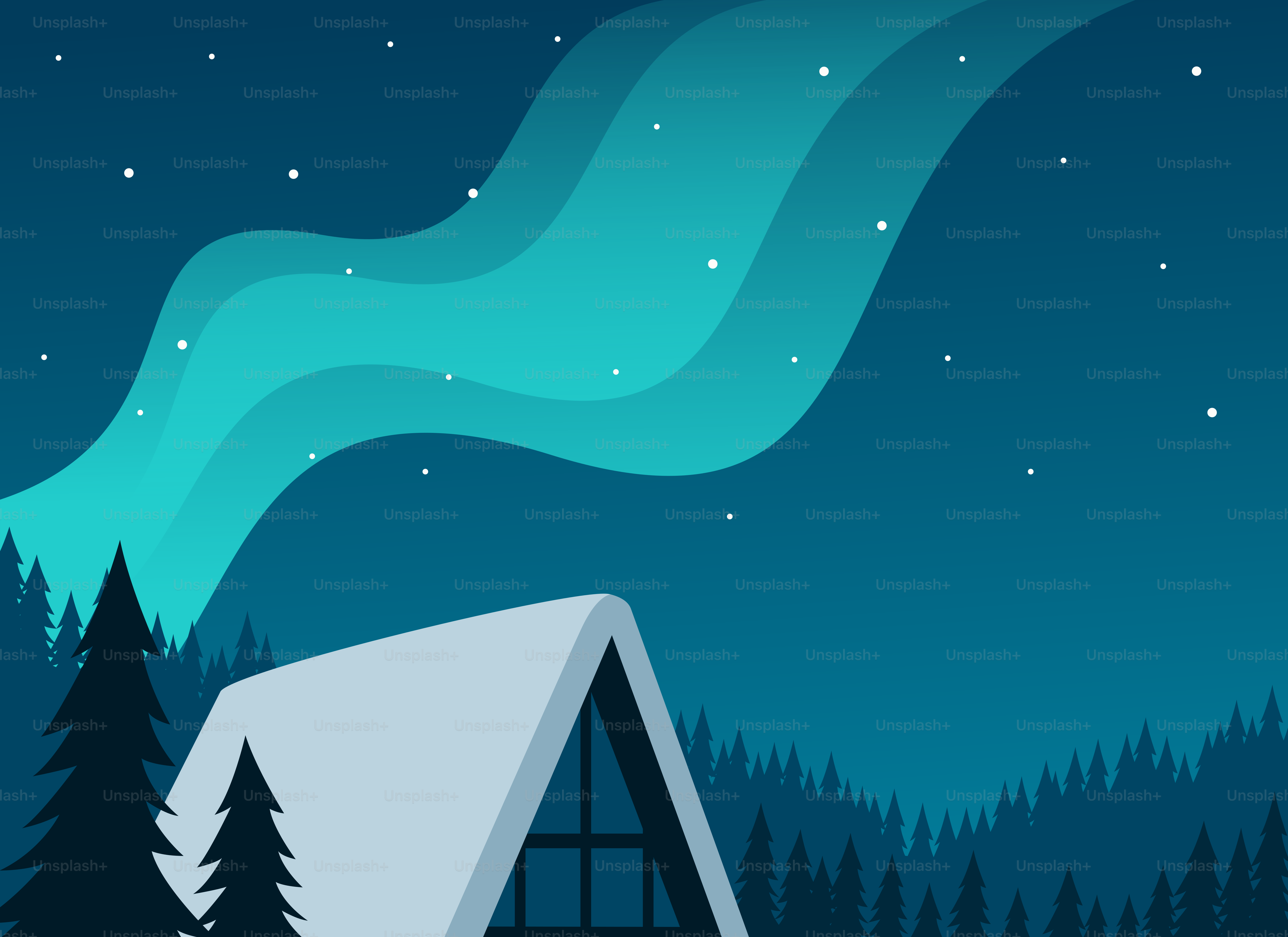 Aurora borealis over a snowy cabin in the forest.