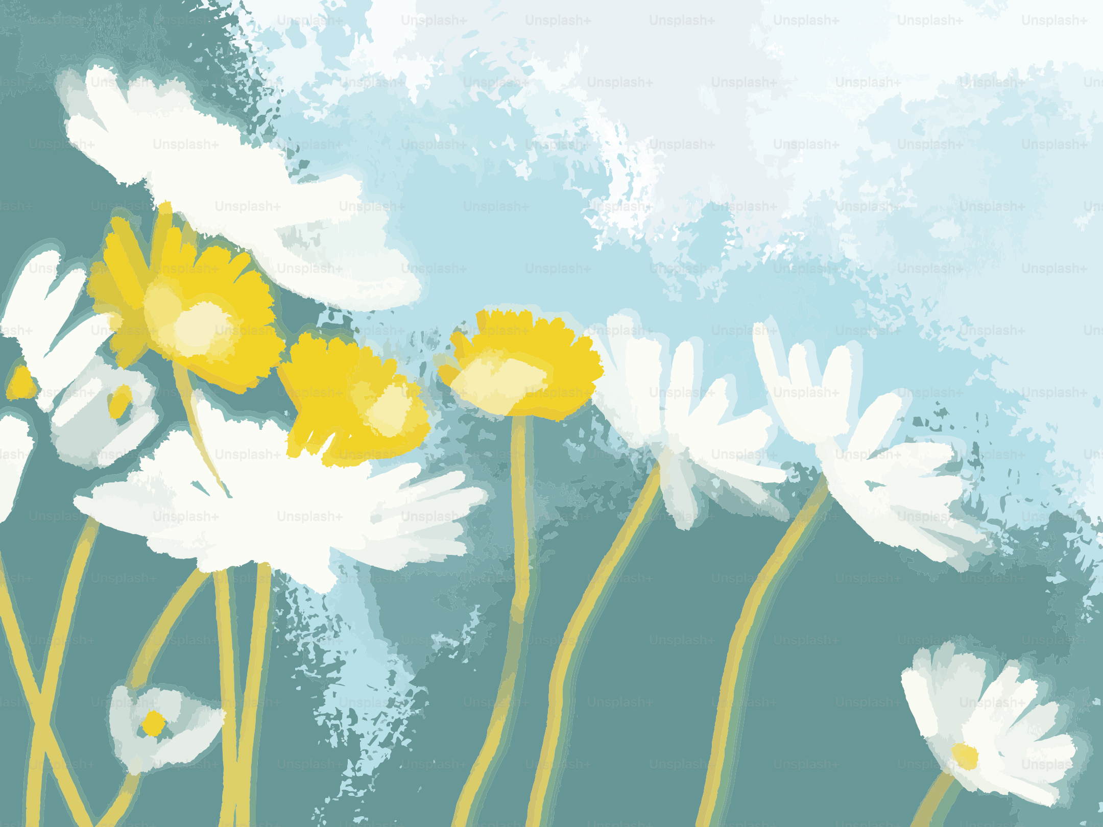 Weiße und gelbe Gänseblümchen vor einem blauen Himmel