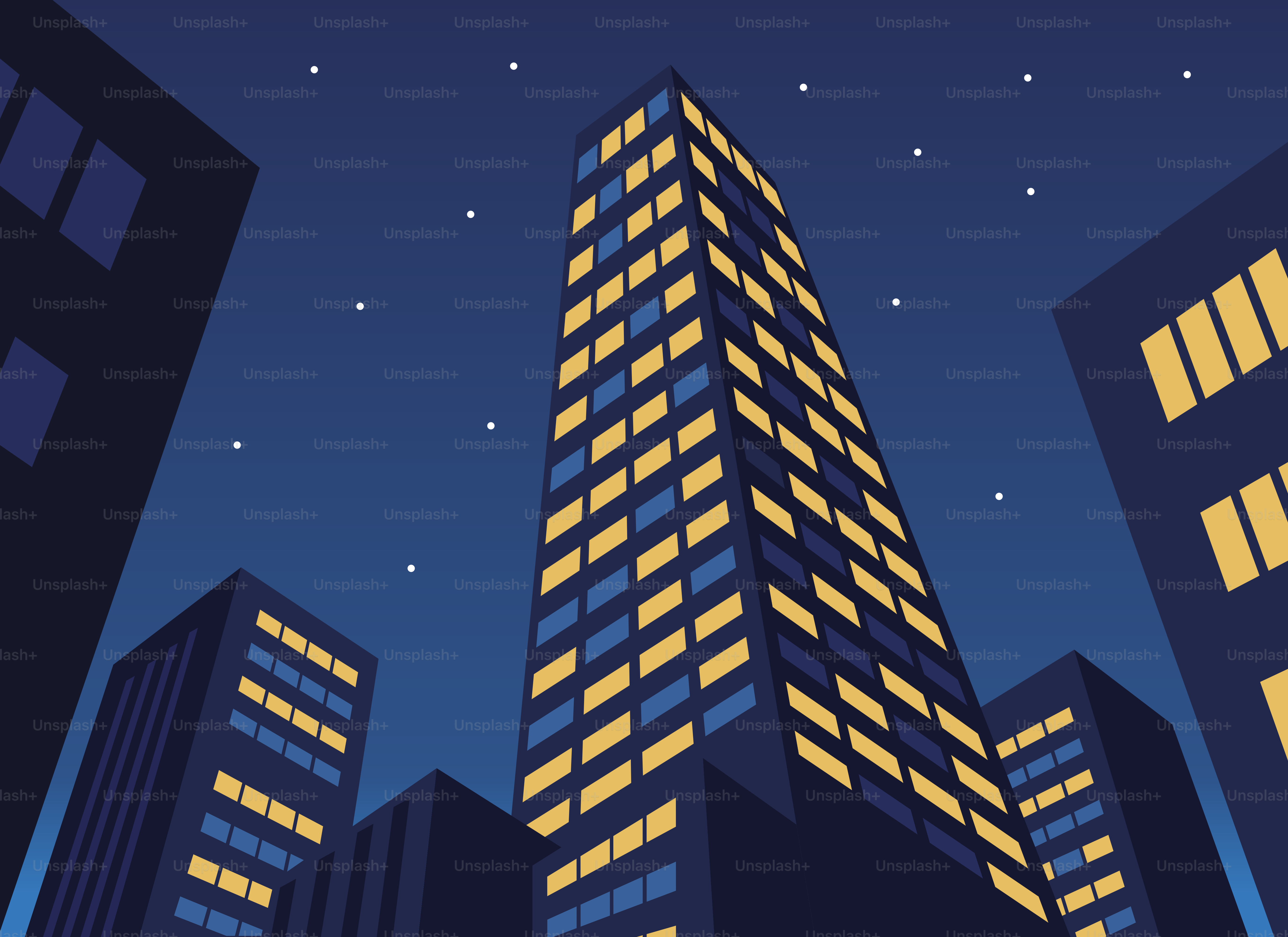 Tall buildings with illuminated windows at night