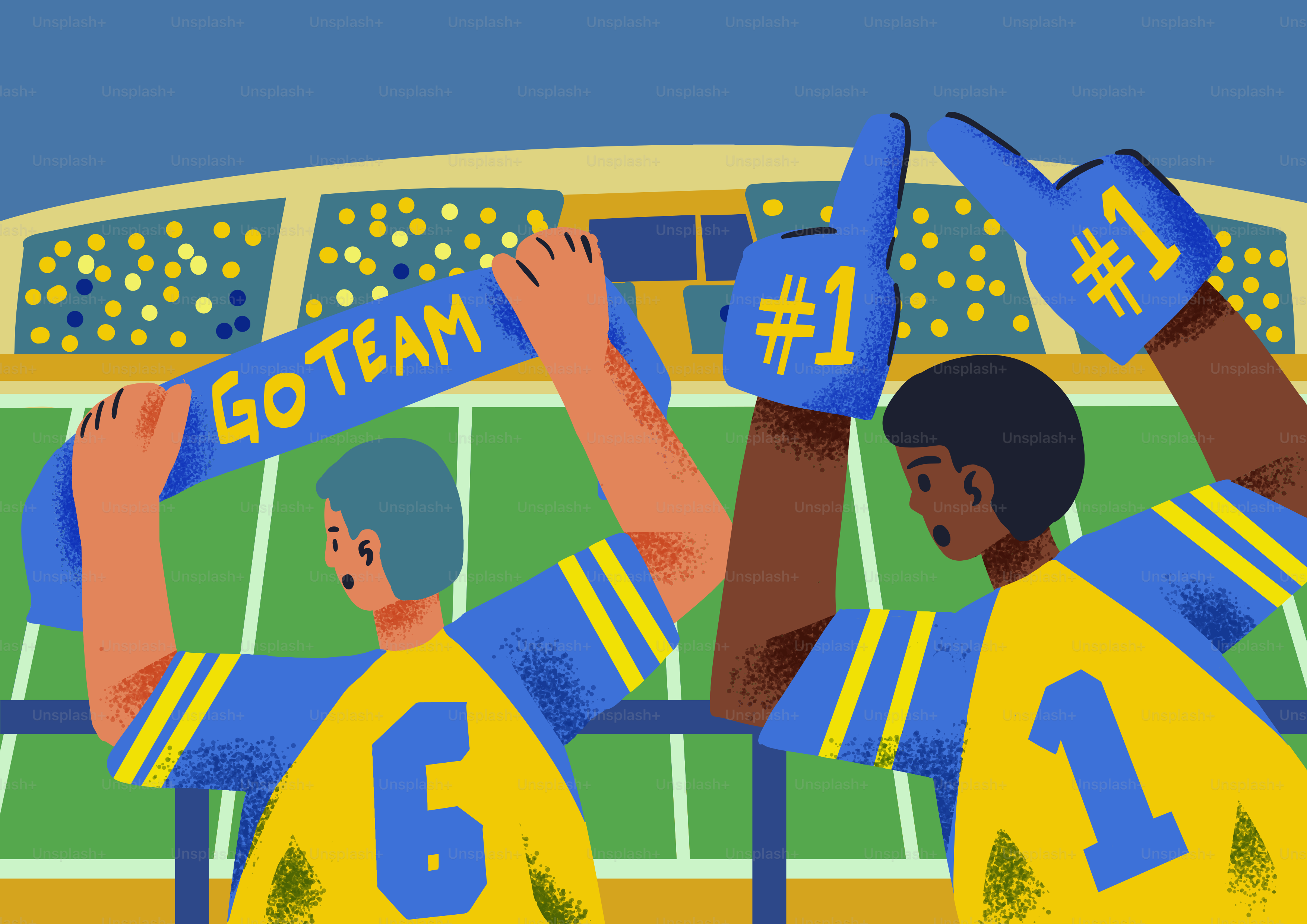 Fans cheer with foam fingers and banners at a game.