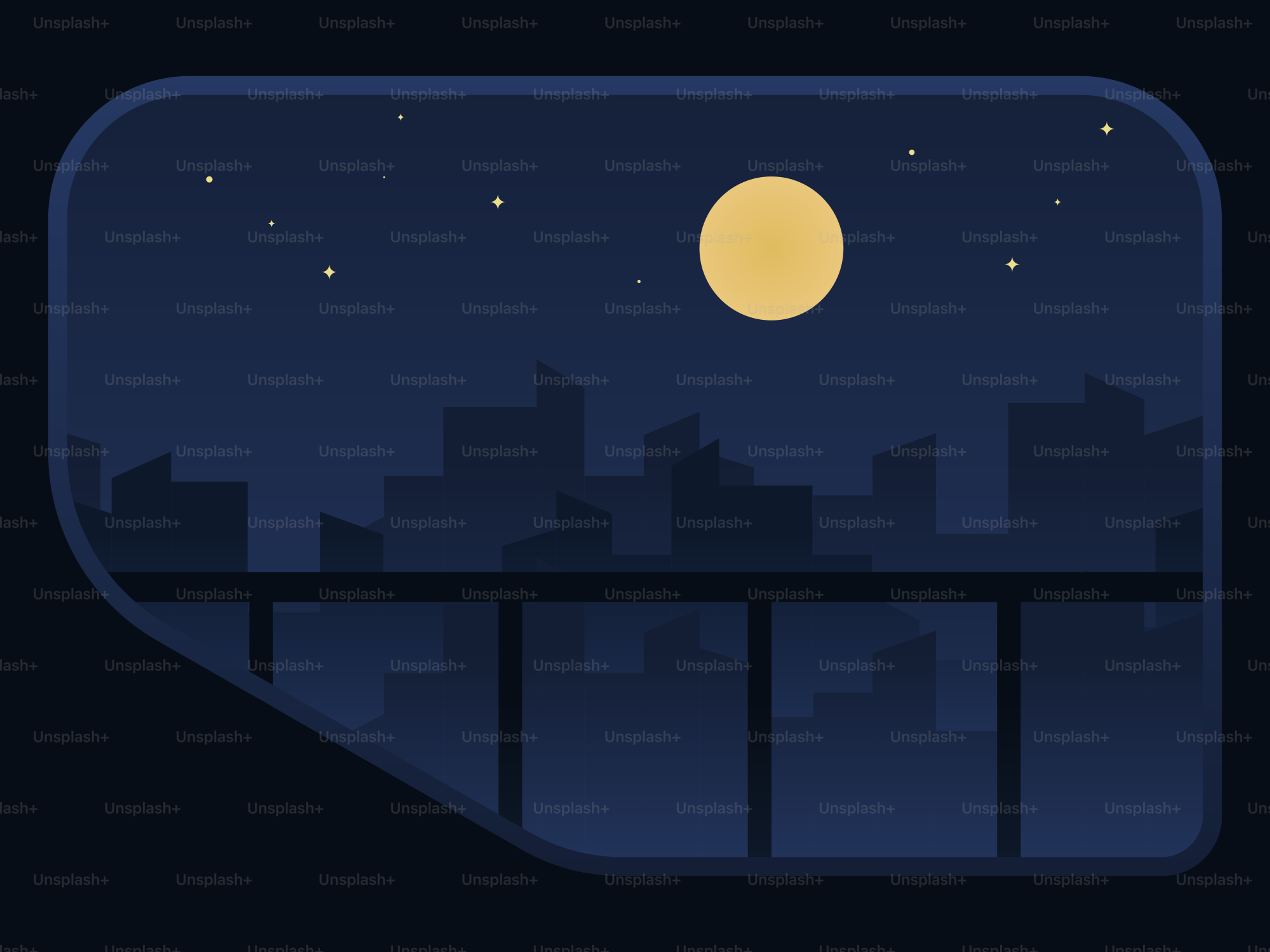 A full moon shines over a silhouetted city skyline.