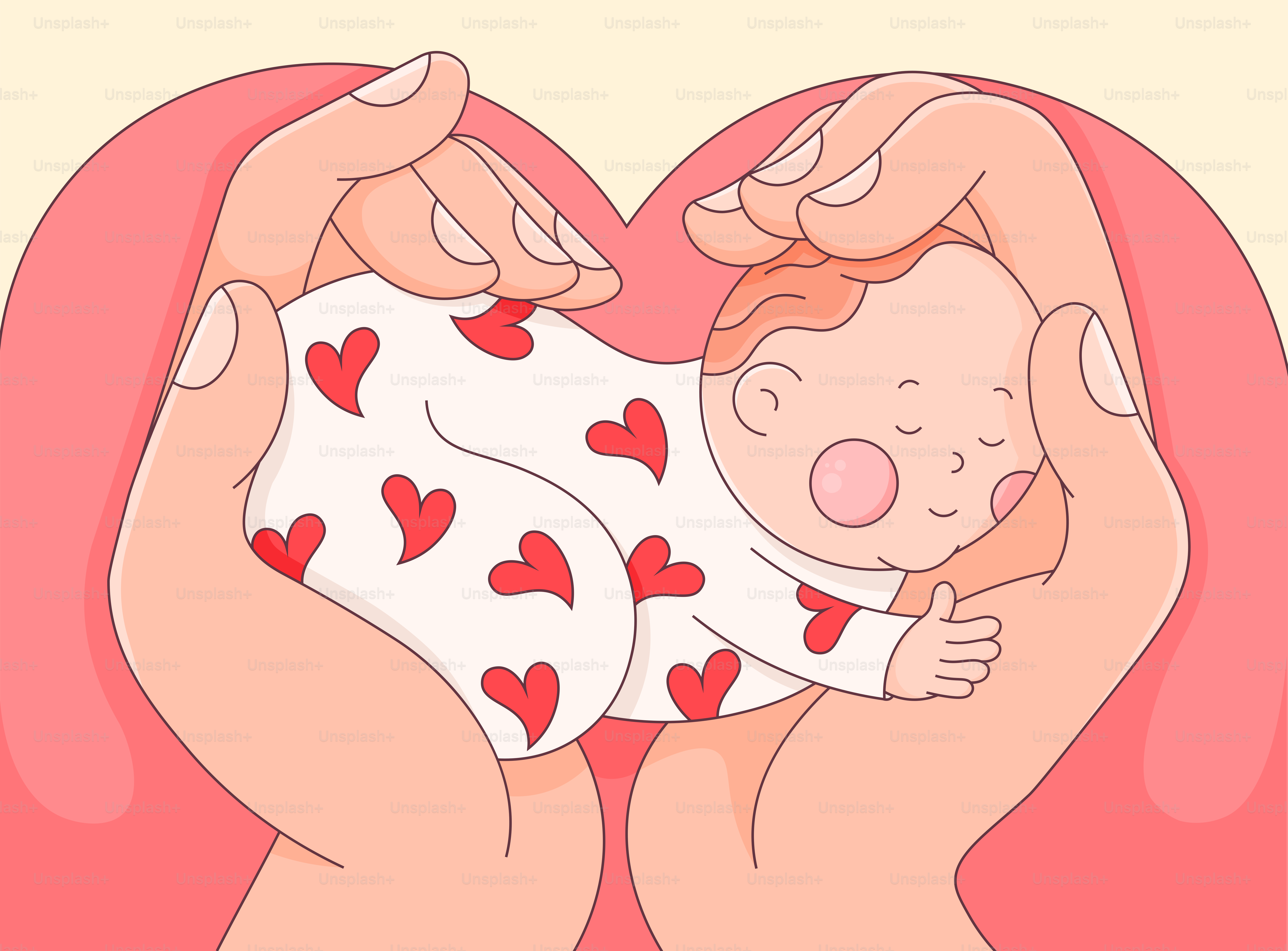 Zwei Hände, die ein Baby in herzgemusterten Schlafanzügen wiegen.