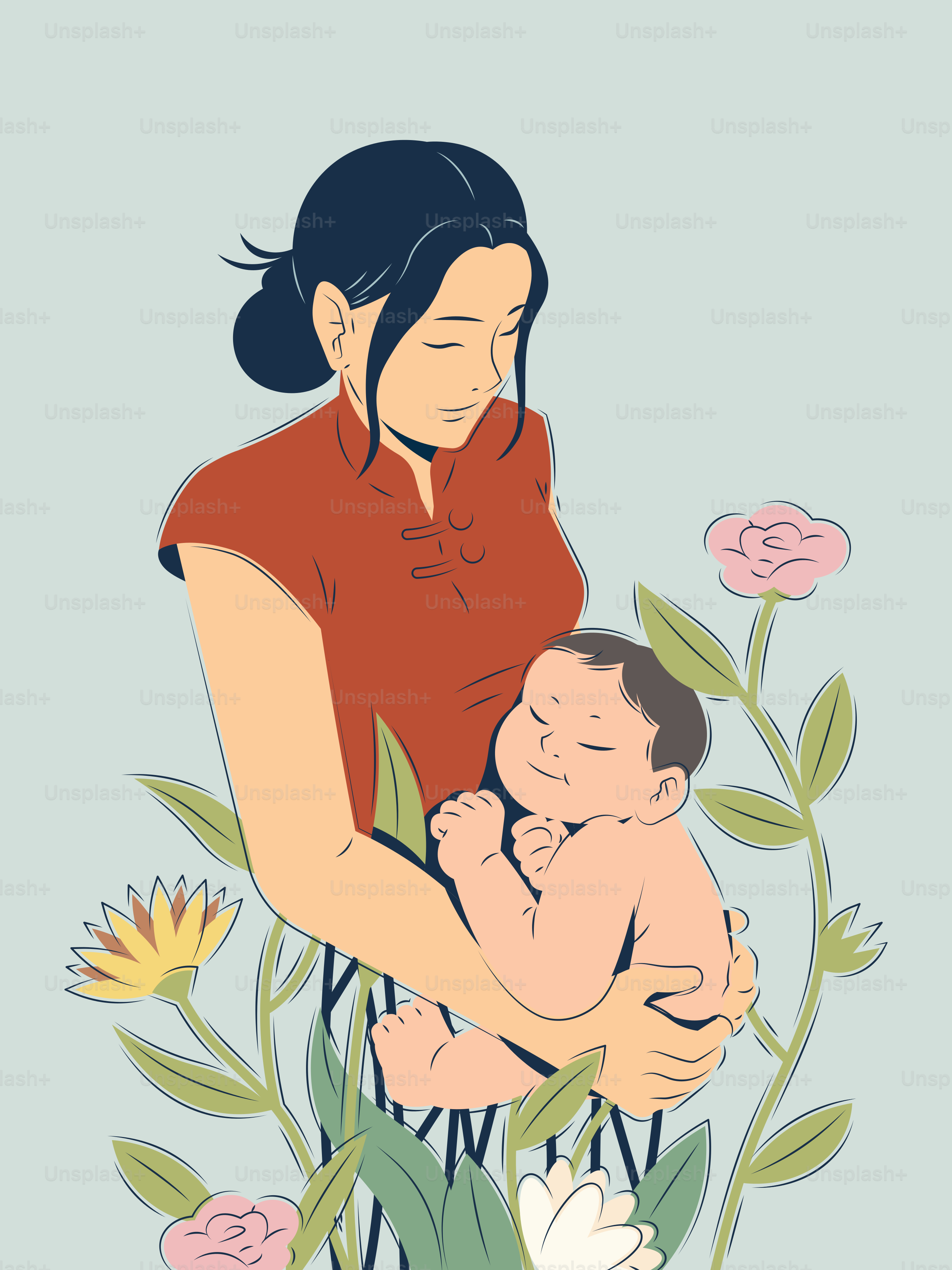 Madre che tiene il suo bambino circondato dai fiori