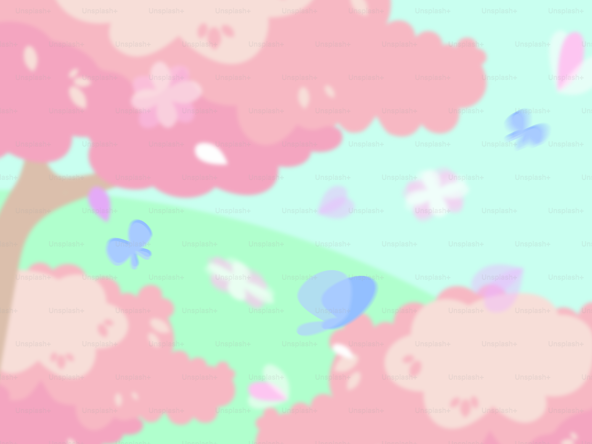 柔らかな光の中で青い蝶が舞うピンクの桜