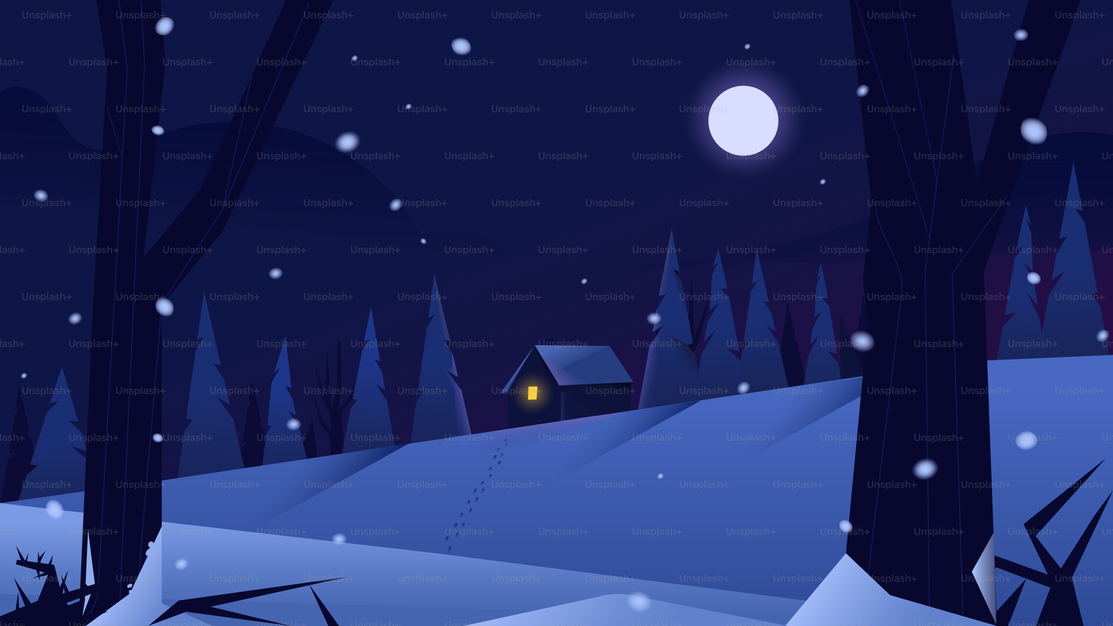 Snowing at night over a small cabin in the woods.