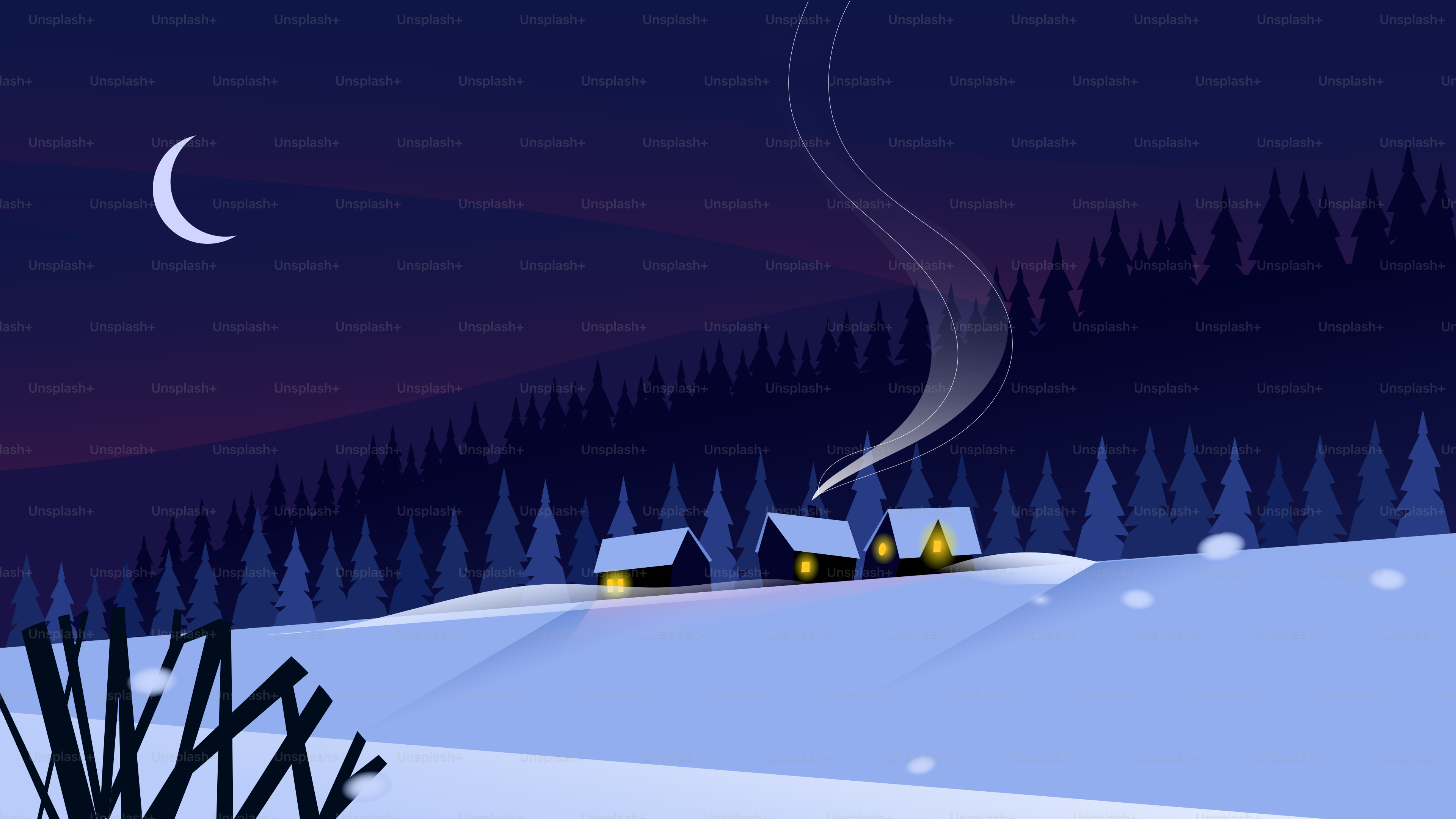 Cozy cabins in a snowy forest at night