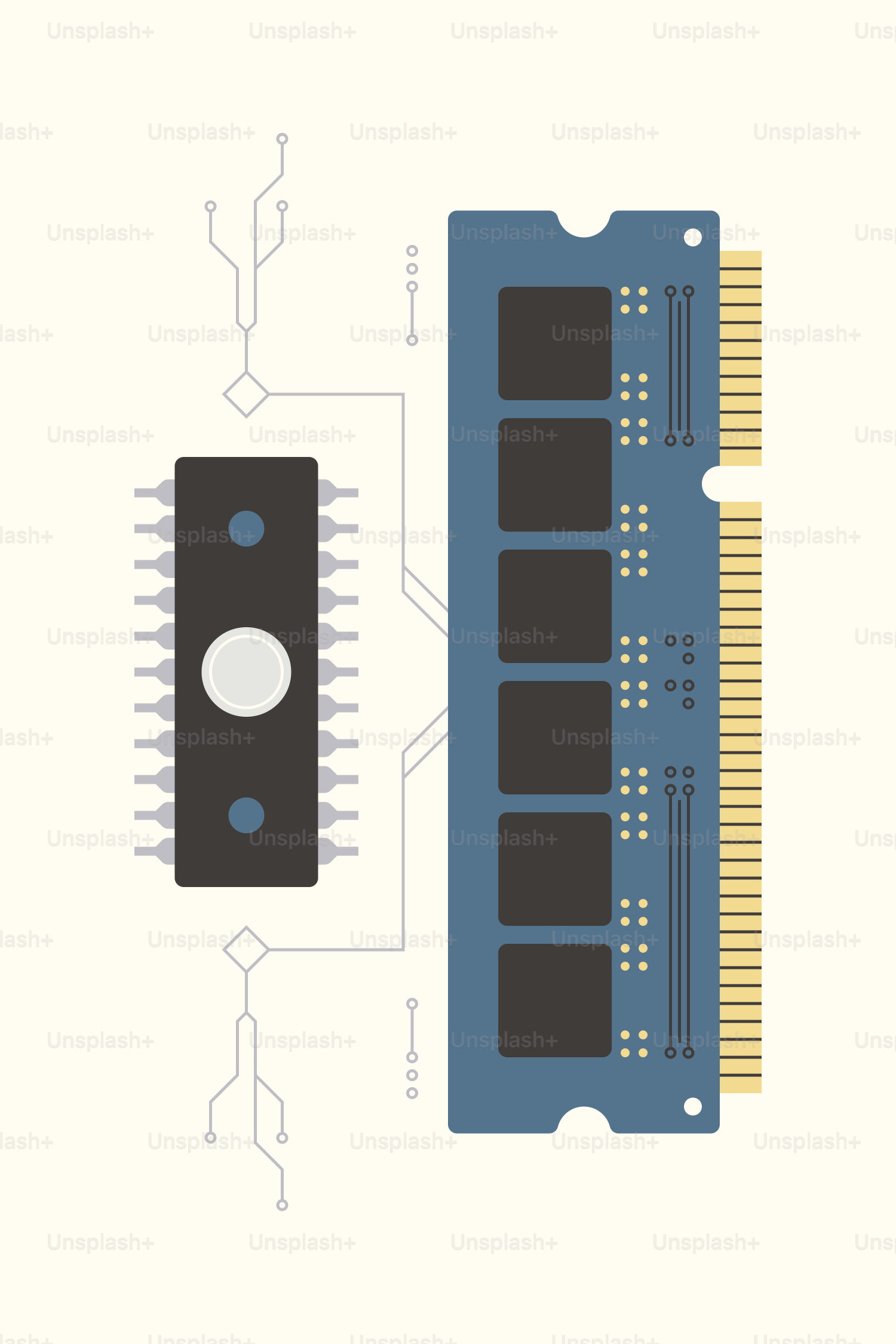 Chip computer e modulo RAM collegati tramite circuiti